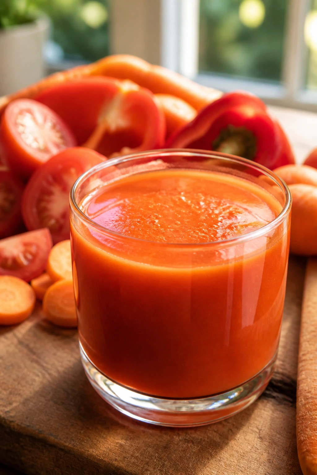 Short glass of carrot tomato red pepper juice on a kitchen counter