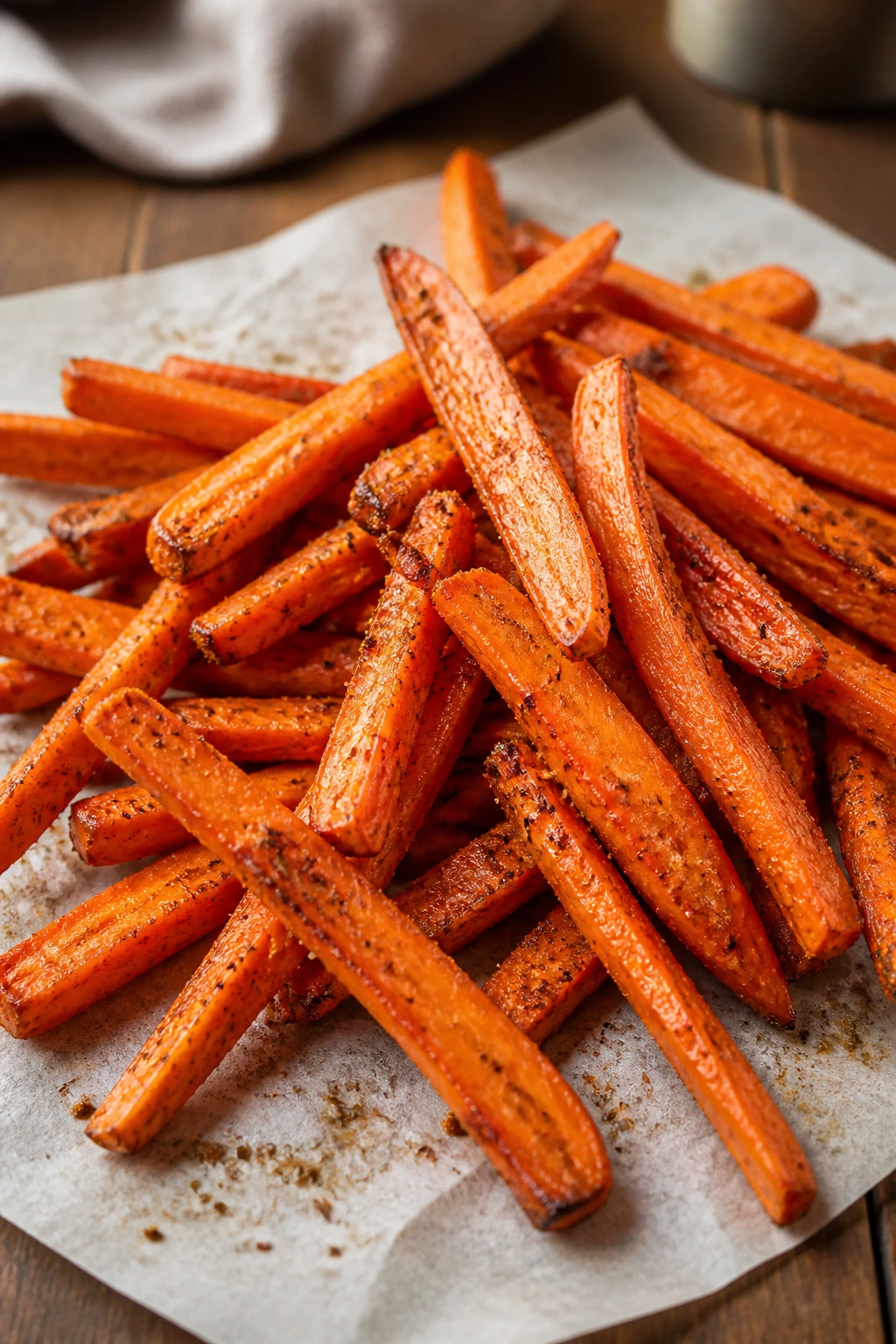 Close-up of cumin-seasoned carrot fries