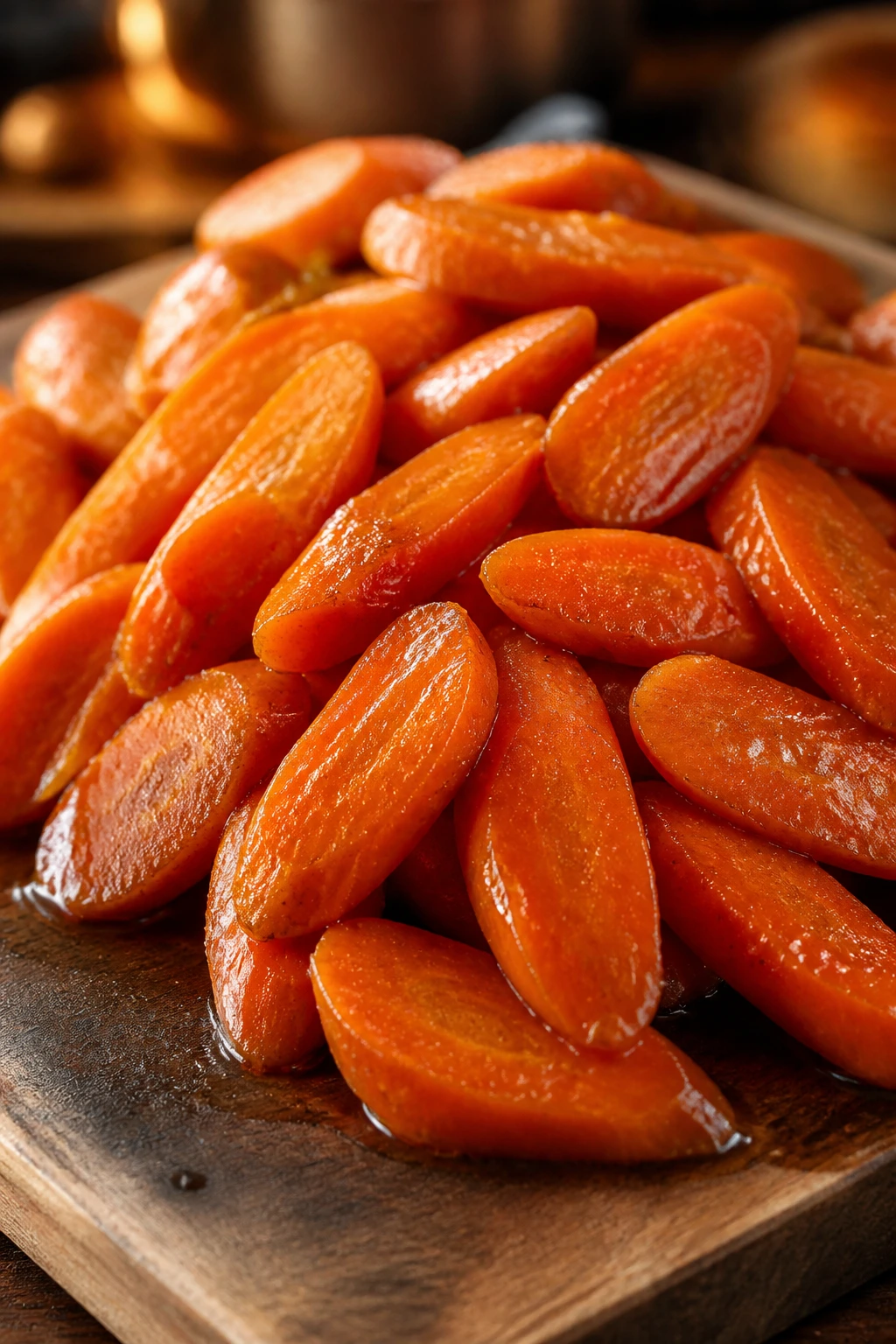 Glossy brown sugar glazed carrots on a wooden board in a kitchen