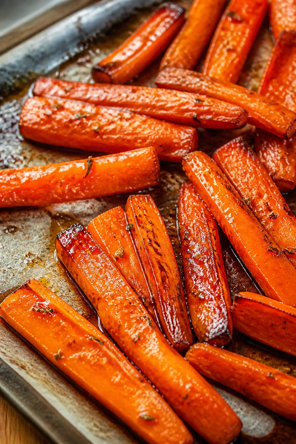 Close-up of honey-glazed roasted carrots with caramelized edges