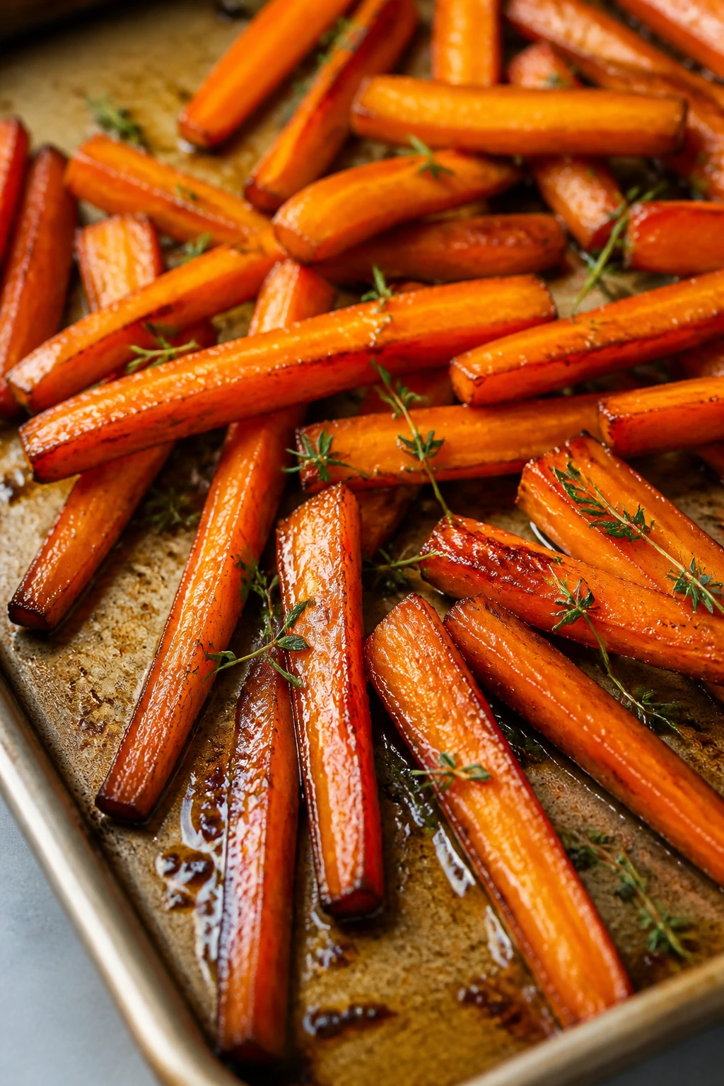 Close-up of honey-glazed carrots with thyme on a sheet pan