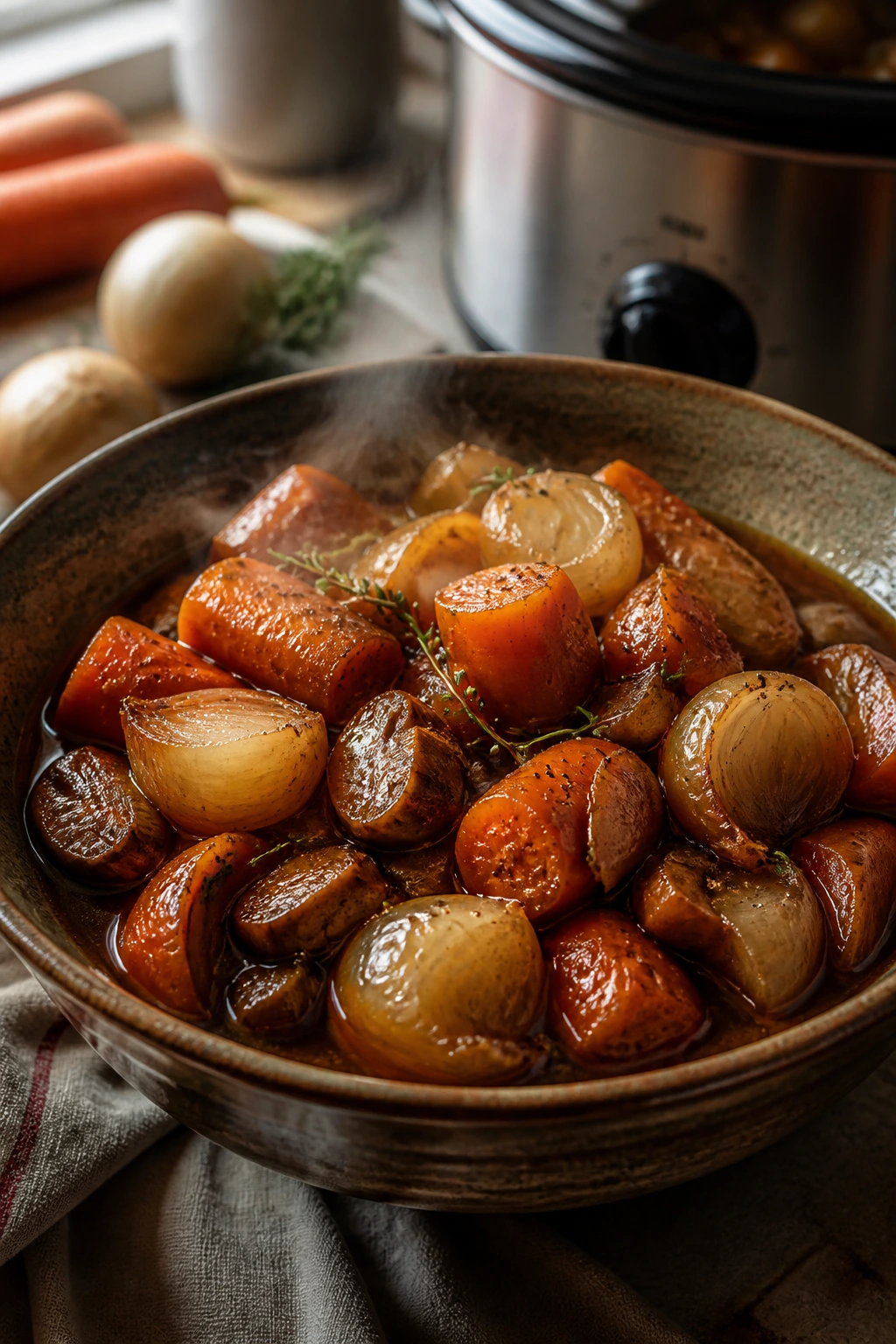 Carrots and onions braising in a crockpot sauce in a rustic bowl