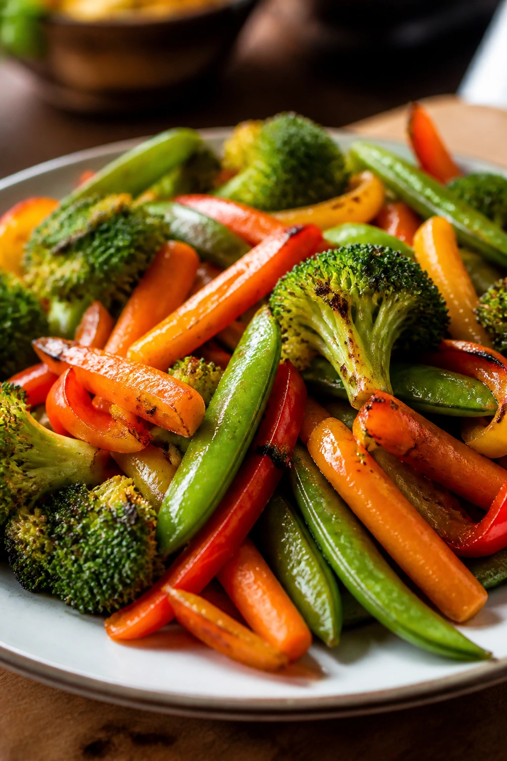 Plate of carrots, peppers, sugar snap peas, and broccoli showing sweet, crisp textures.