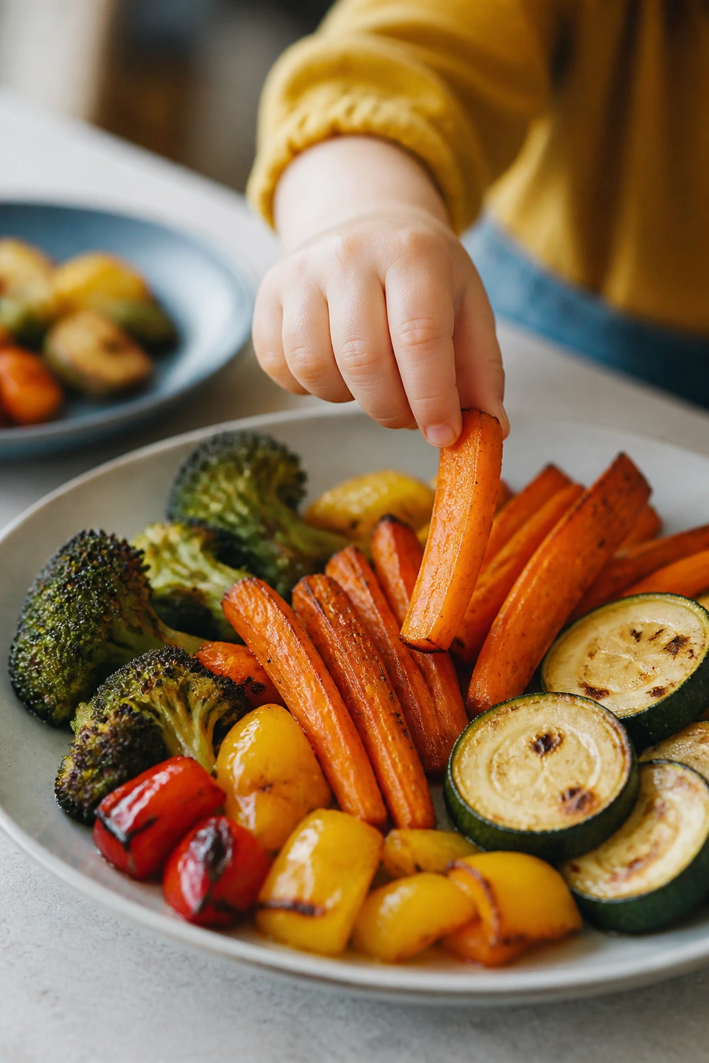 Child’s hand picking up a roasted carrot from a vegetable platter