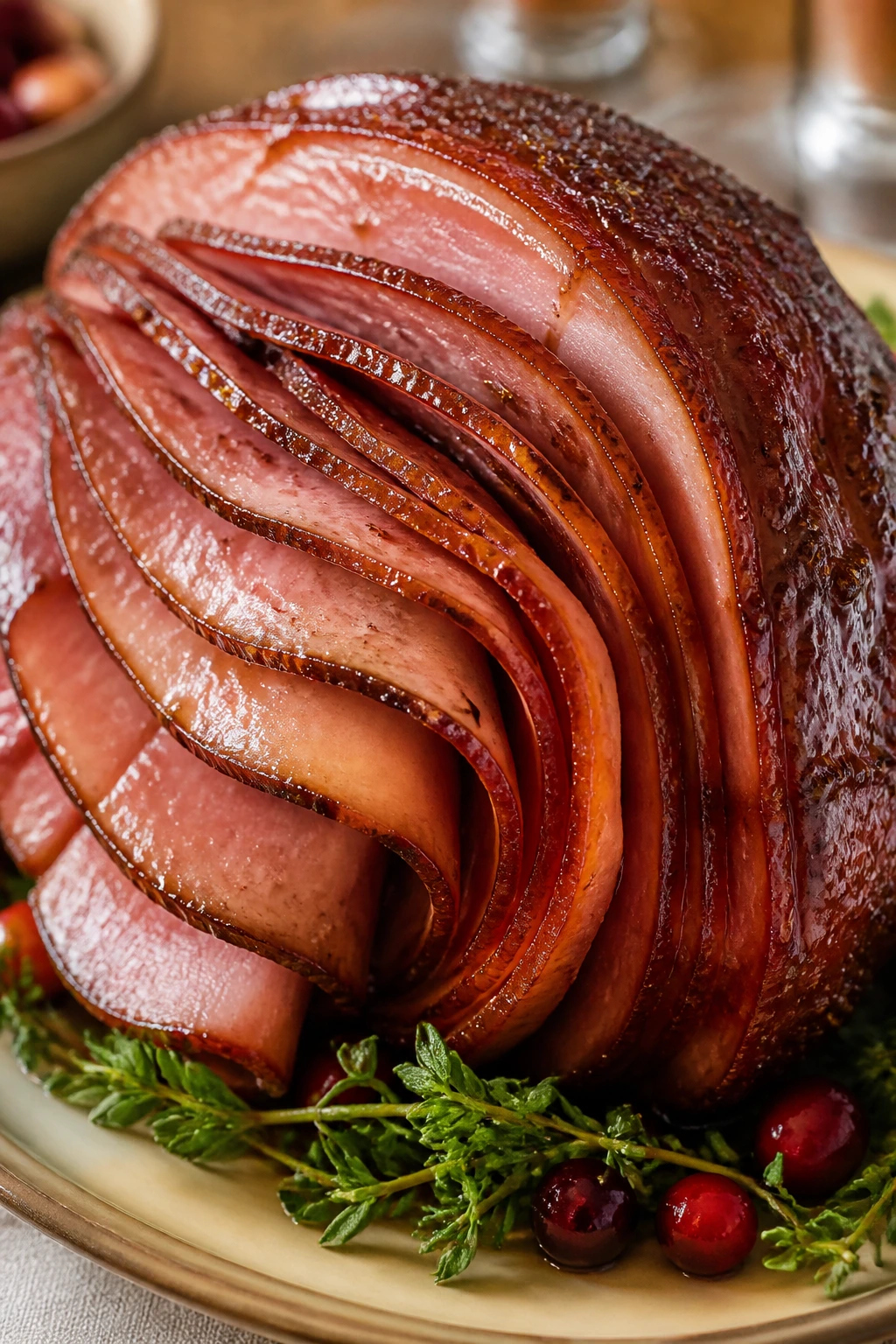 Spiral-cut ham on a platter with glaze ready to serve