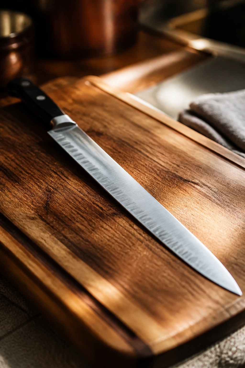 Close-up of a carving knife on a wooden cutting board in a warm kitchen