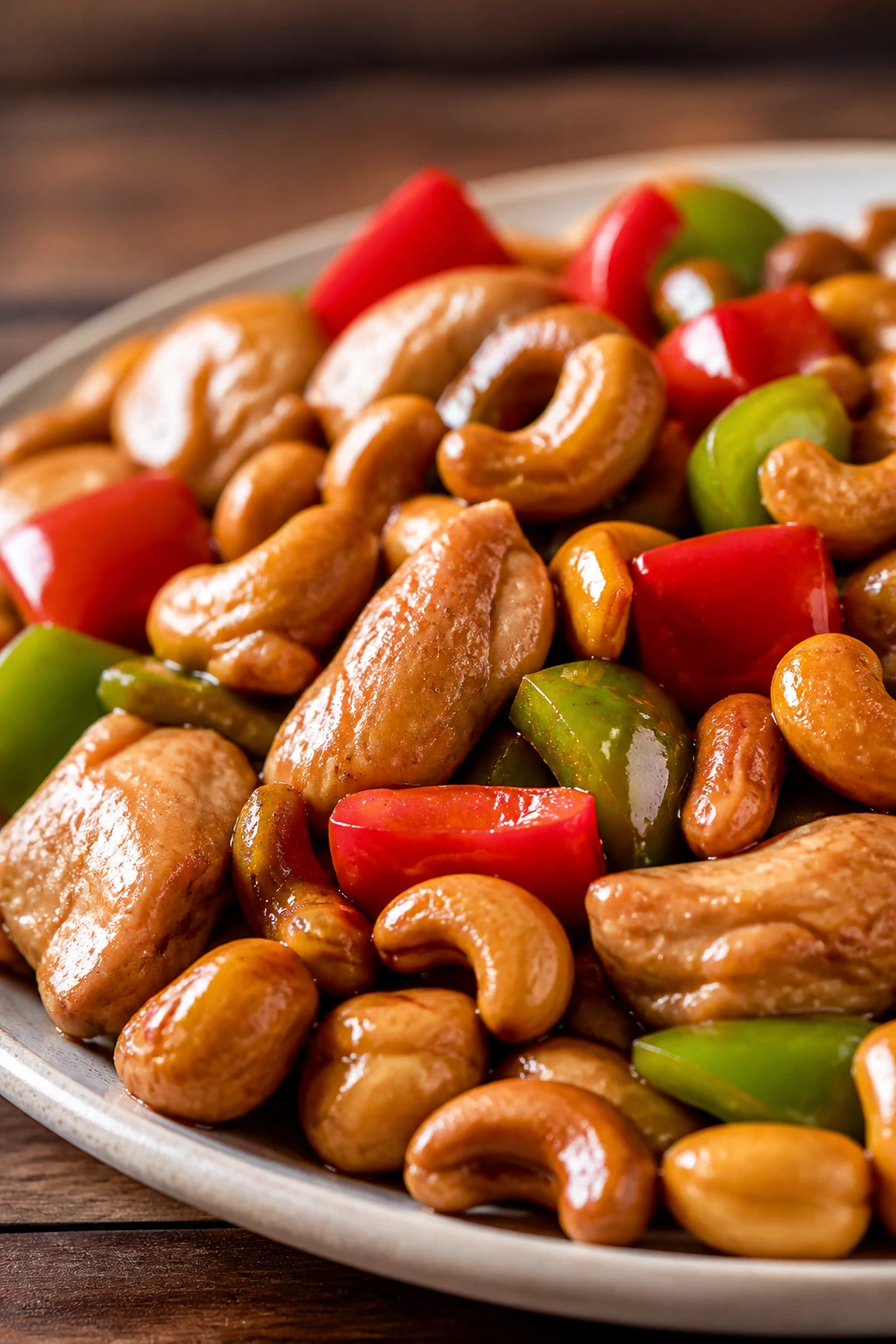 Close-up of cashew chicken with cashews on plate in a kitchen
