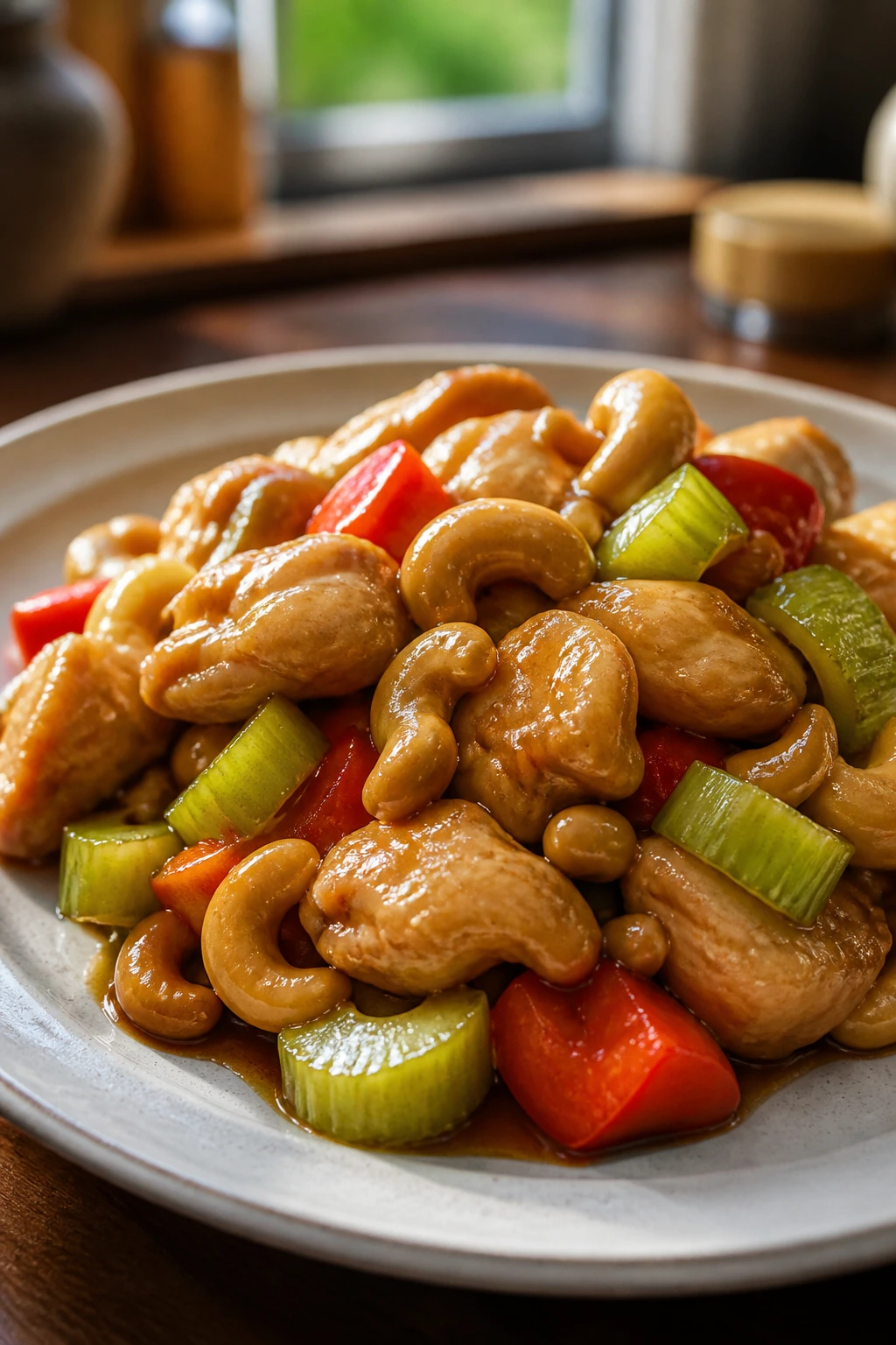 Close-up Cashew Chicken with chicken, celery, cashews on a plate.