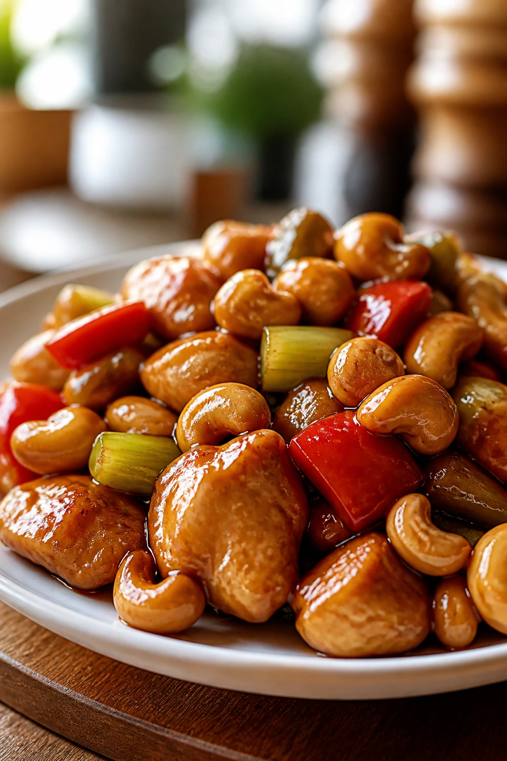 Cashew chicken with cashews on plate