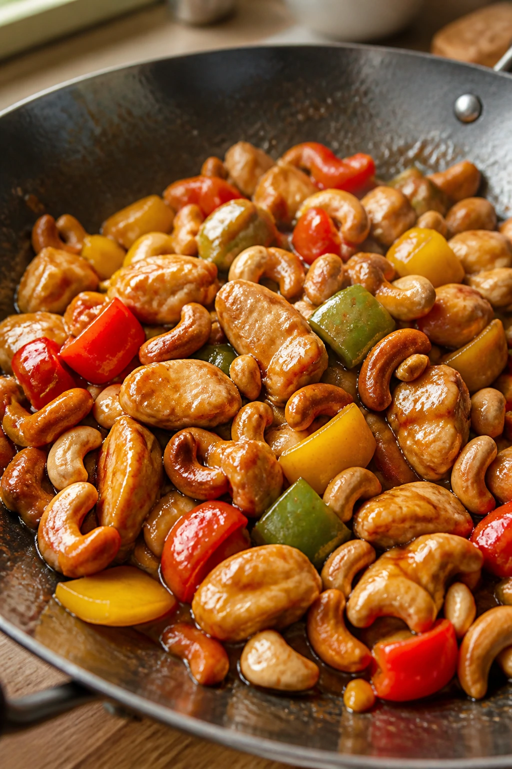 Close-up of Cashew Chicken with Bell Peppers in a hot wok with glossy sauce