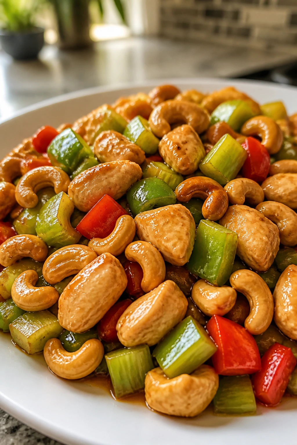 Close-up of cashew chicken with cashews and vegetables on plate