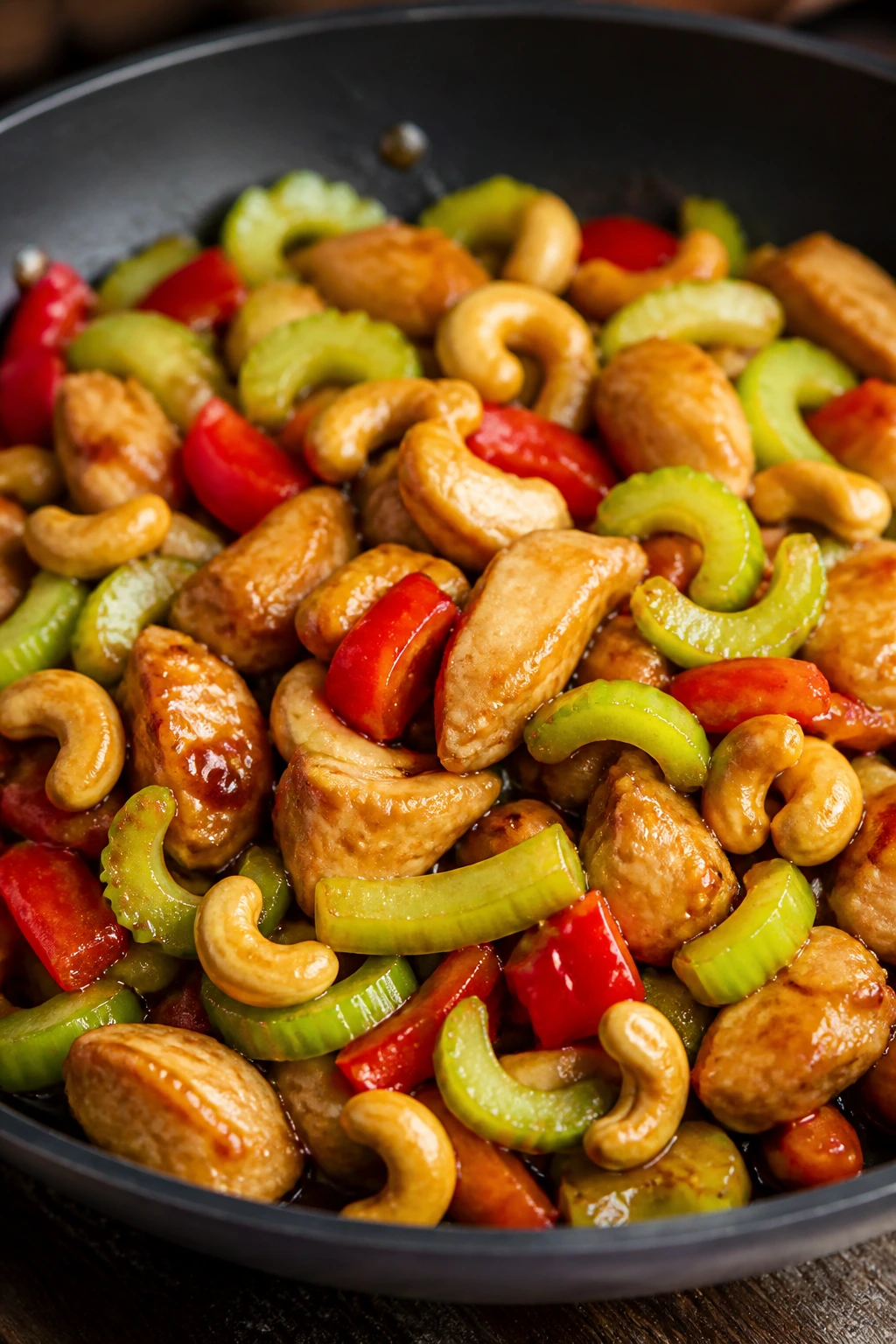 Close-up of cashew chicken with celery and cashews in glossy sauce