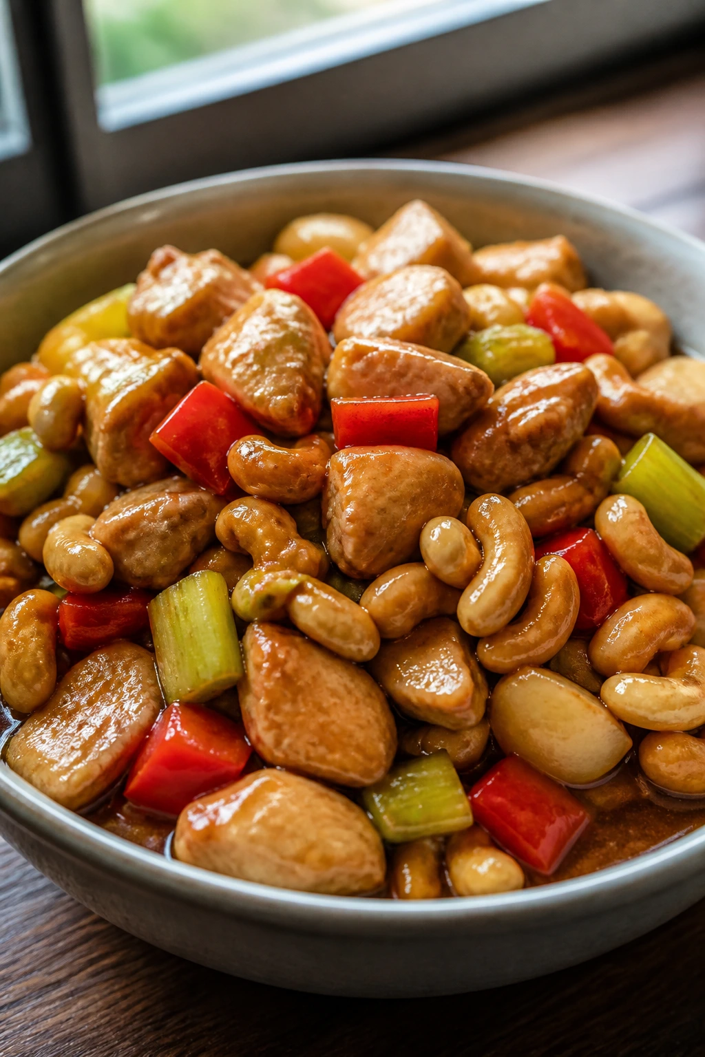 Close-up Cashew Chicken with cashews and vegetables in sauce