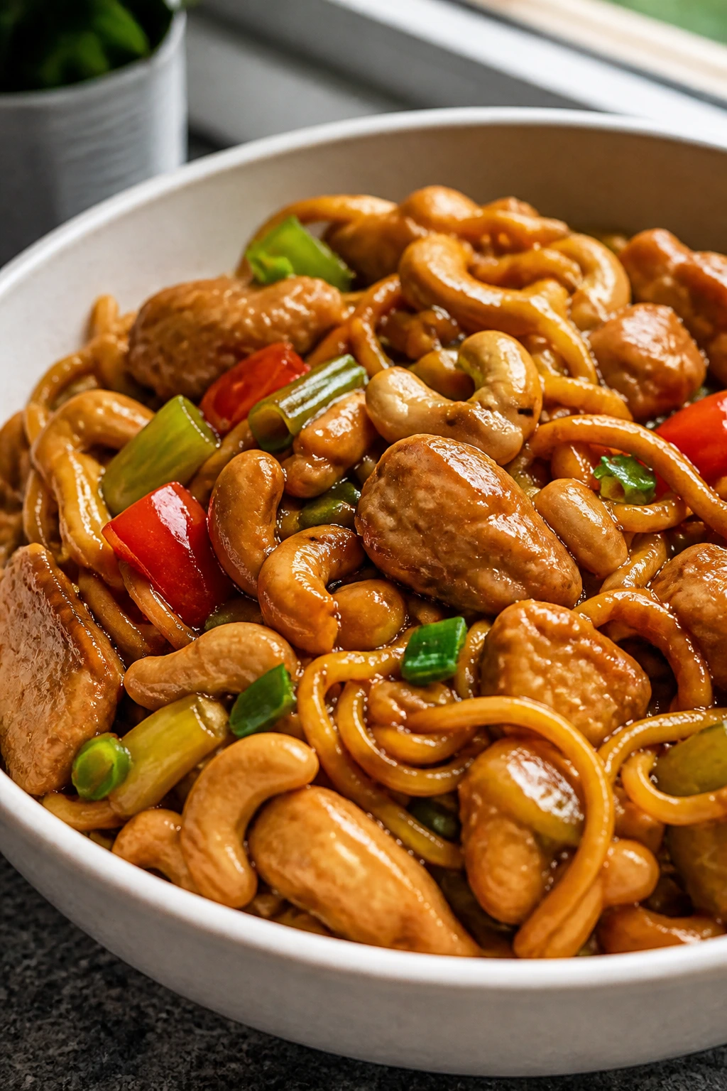 Close-up of Cashew Chicken Chow Mein with chicken, noodles and cashews