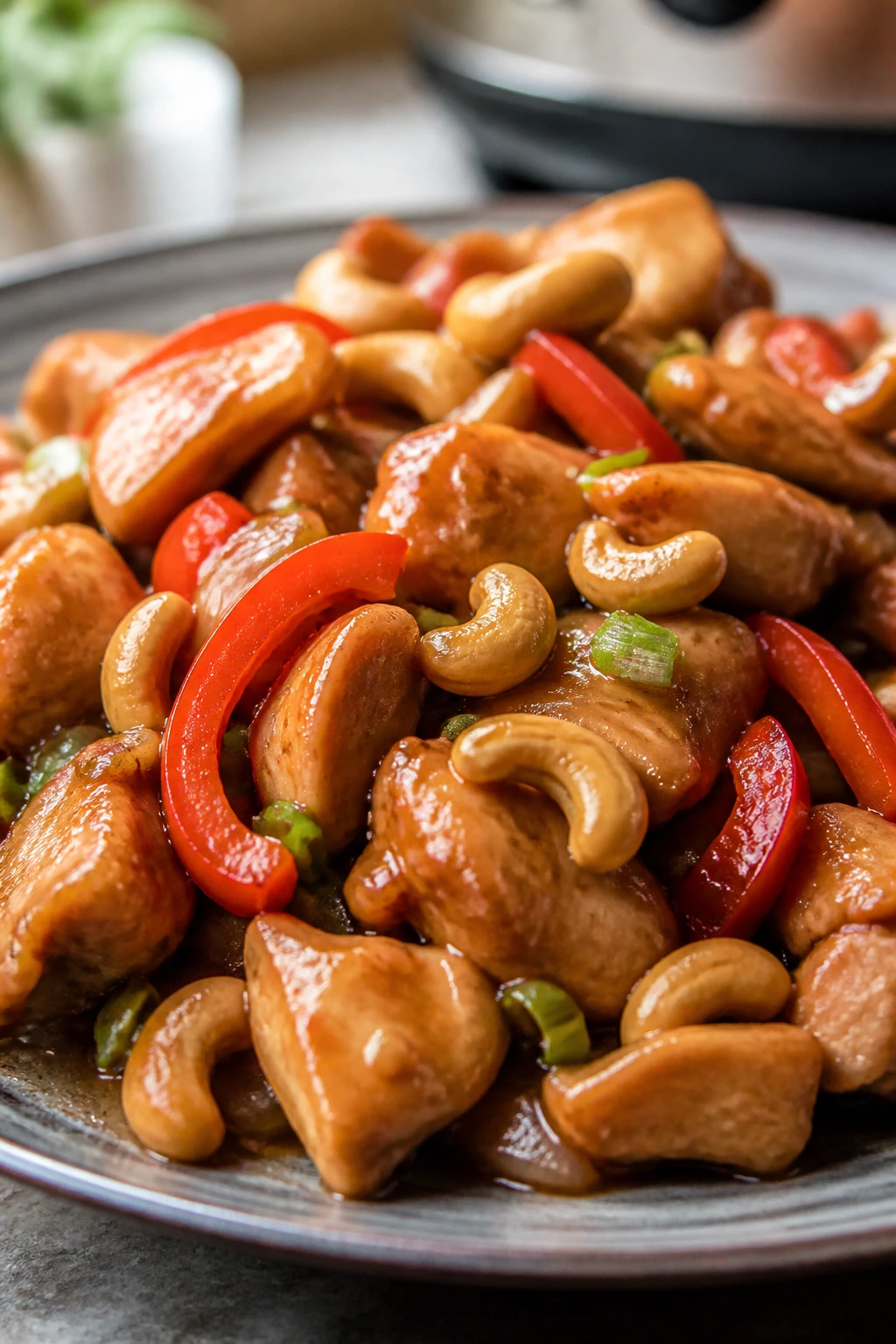 Cashew chicken with cashews and red peppers in glossy sauce
