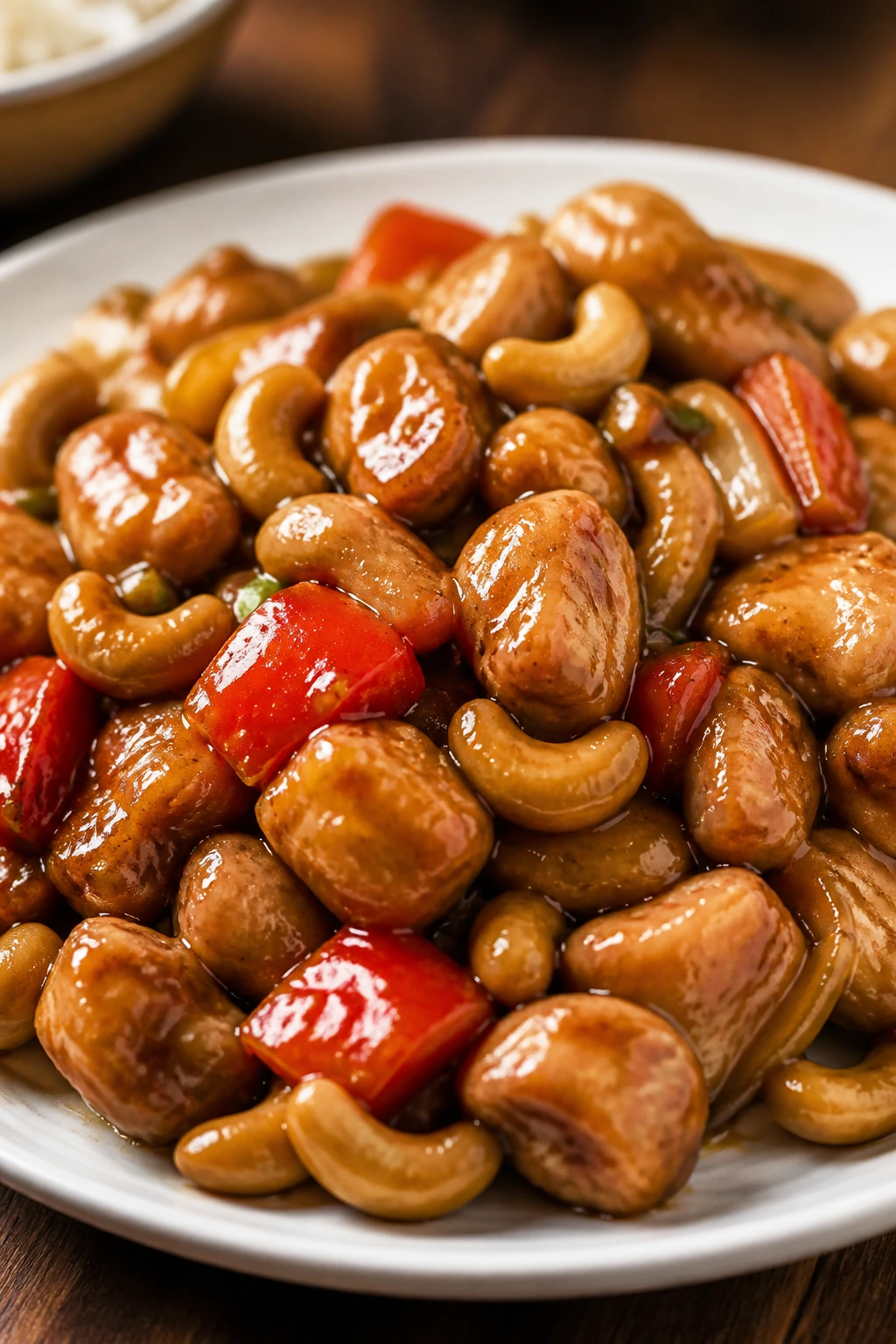 Close-up Cashew Chicken with cashews on top in glossy sauce