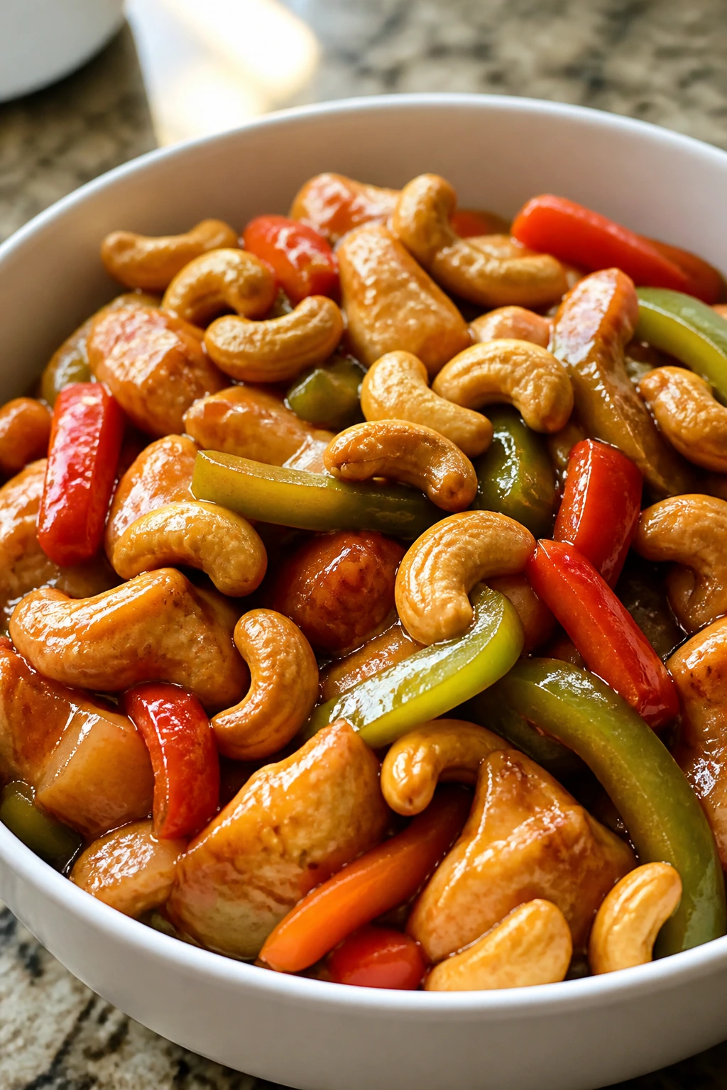 Cashew chicken with peppers and cashews in a bowl