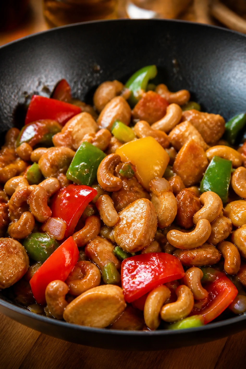 Close-up of cashew chicken with peppers and cashews in sauce