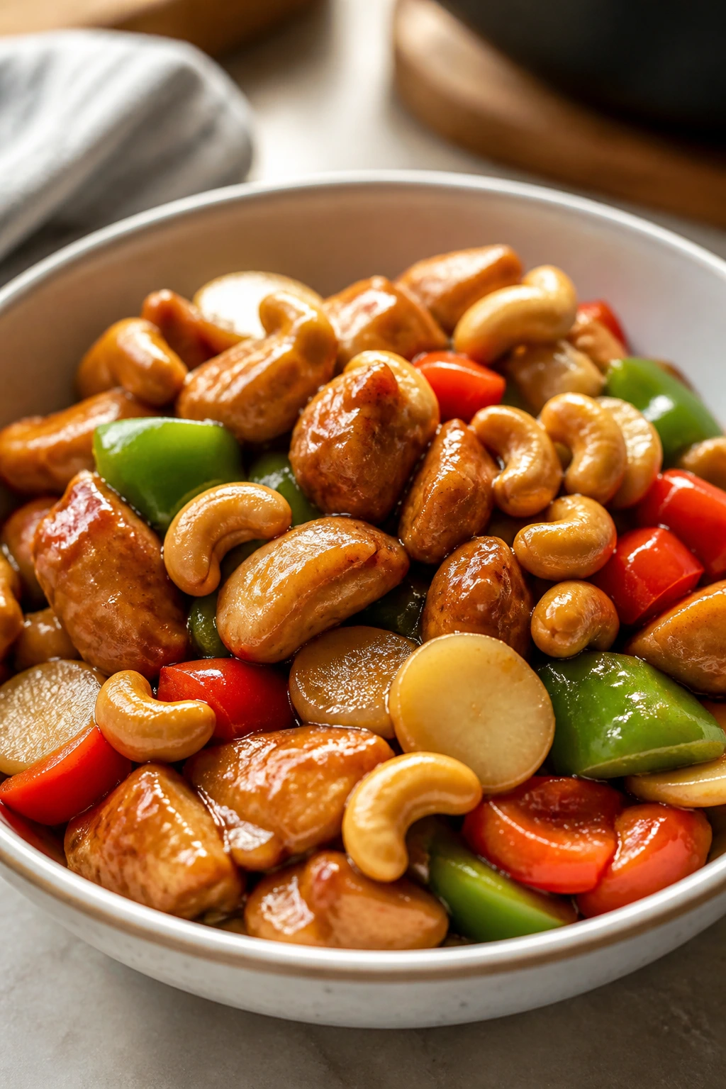 Cashew chicken with peppers and water chestnuts