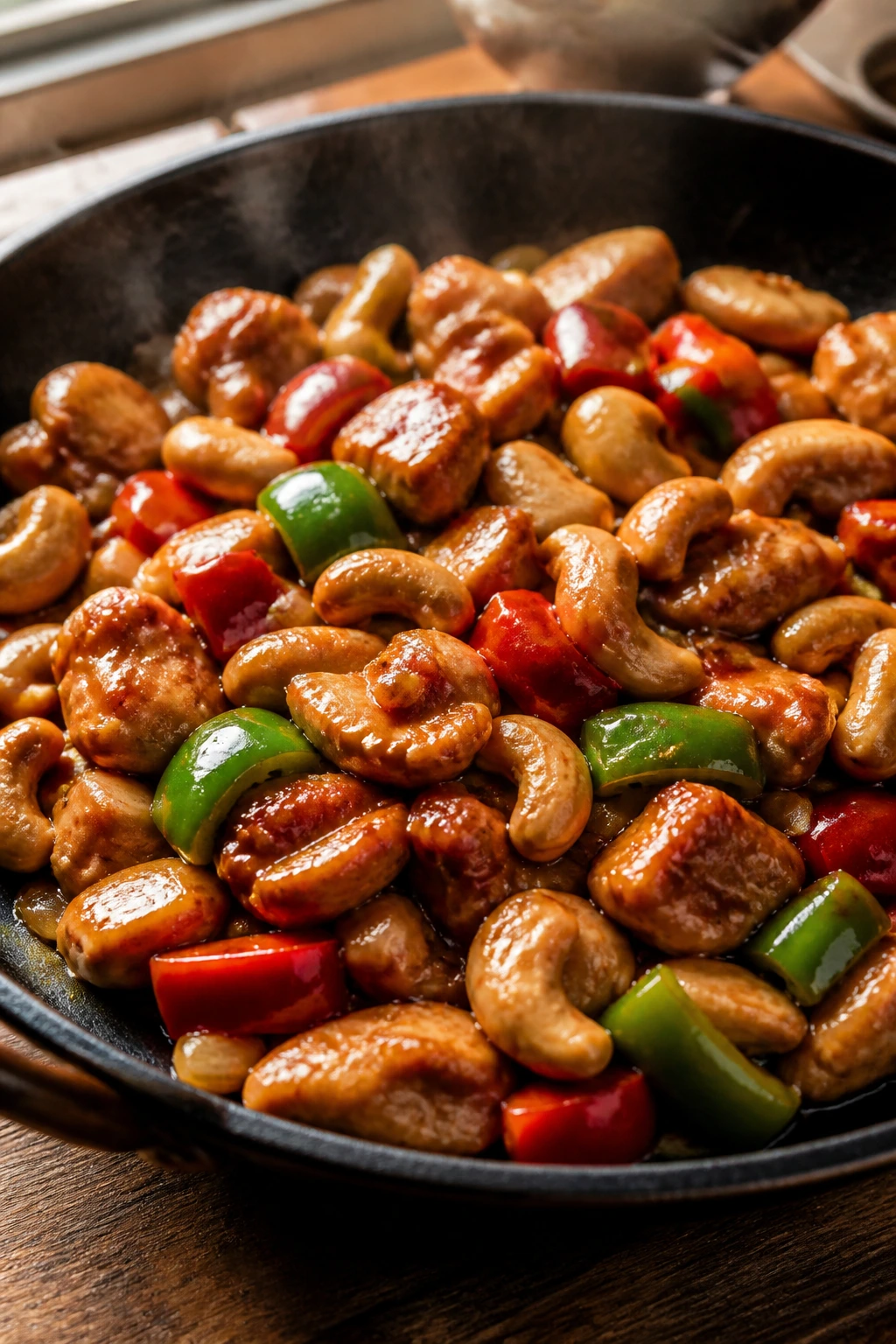 Close-up of cashew chicken with bell peppers in a skillet