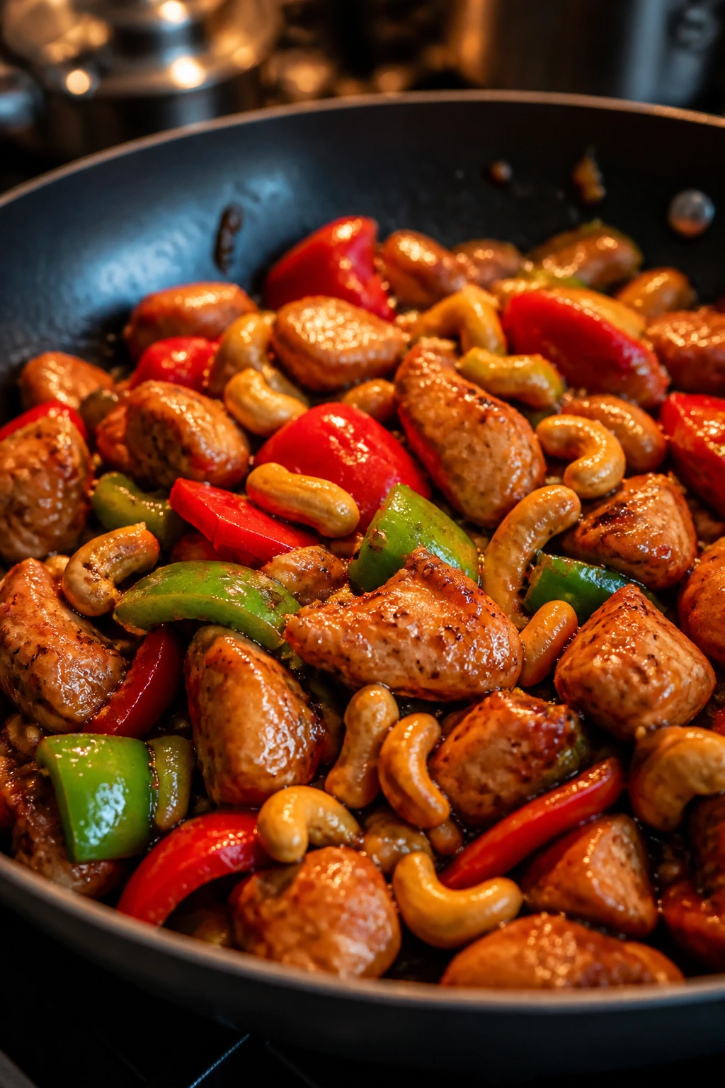 Cashew chicken with peppers and cashews in glossy sauce