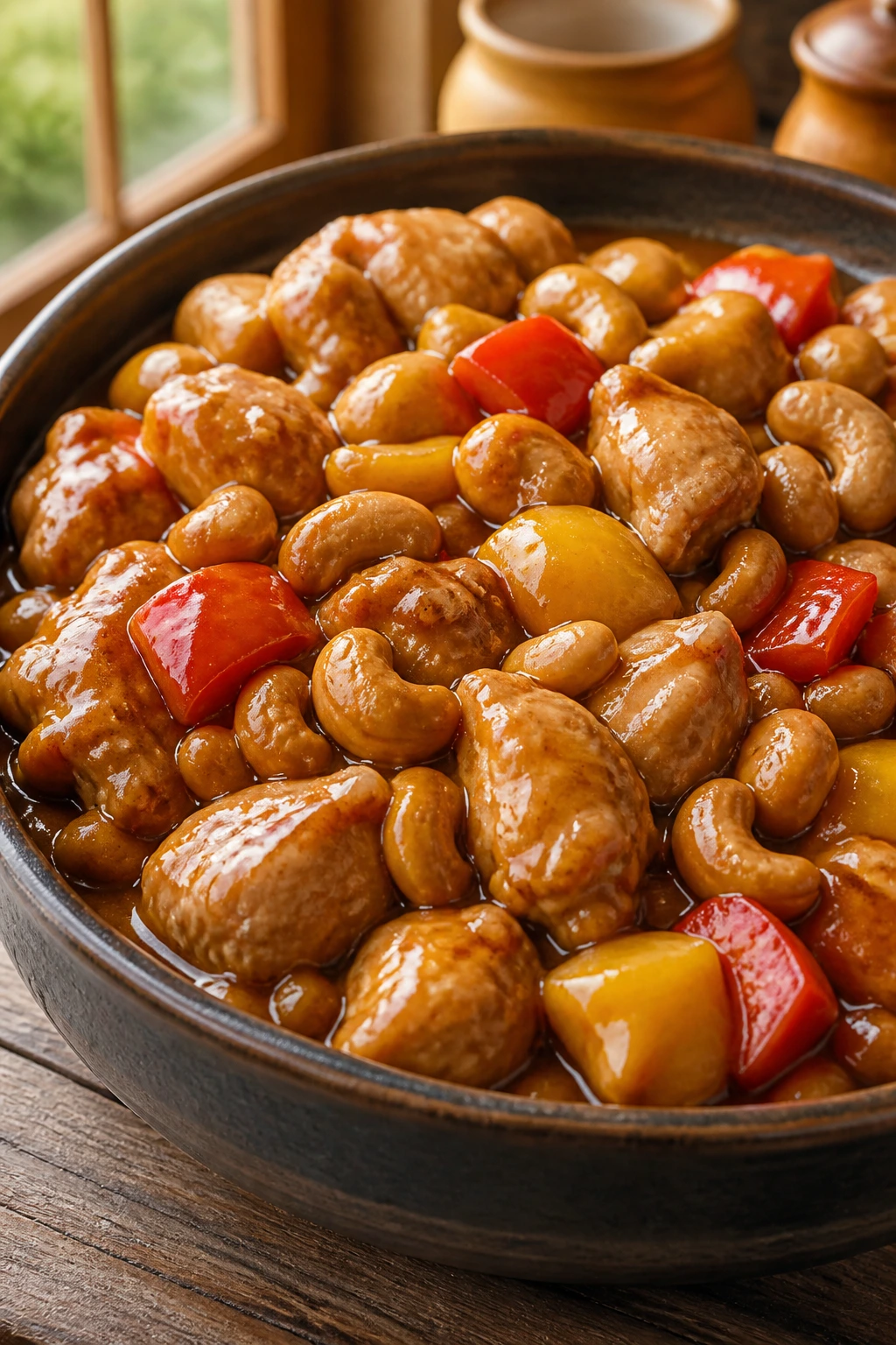 Close-up of cashew chicken with chicken, cashews, peppers in glossy sauce