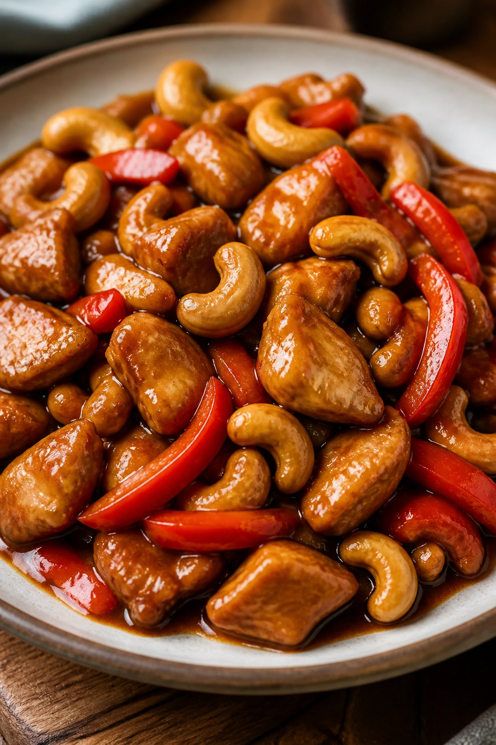 Close-up of cashew chicken with cashews on top in glossy sauce