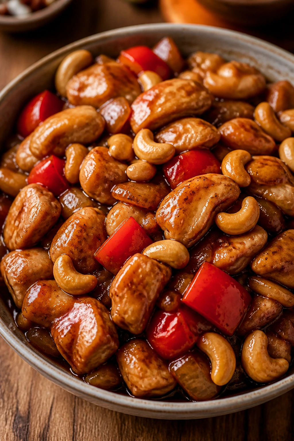Cashew chicken with cashews and peppers in savory sauce on plate