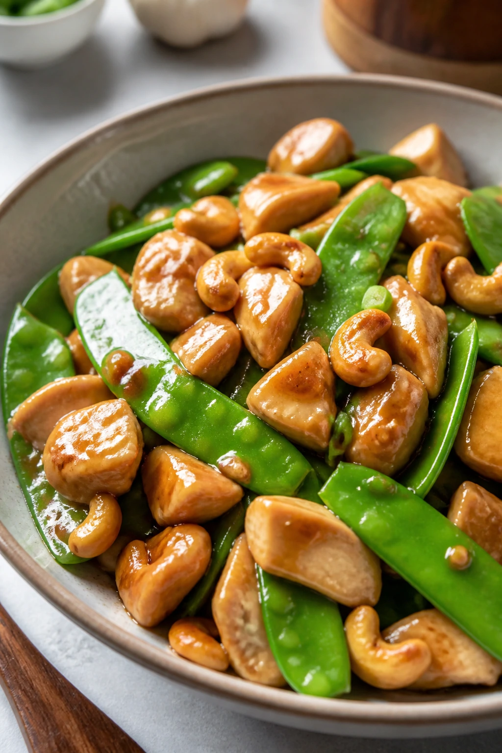 Close-up of cashew chicken with snow peas