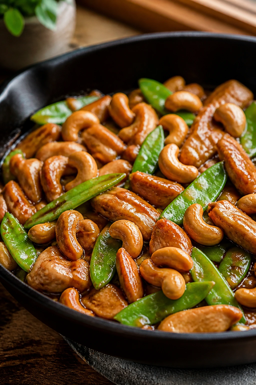 Close-up of Cashew Chicken with Snow Peas in a rustic skillet, glossy sauce with cashews and snow peas