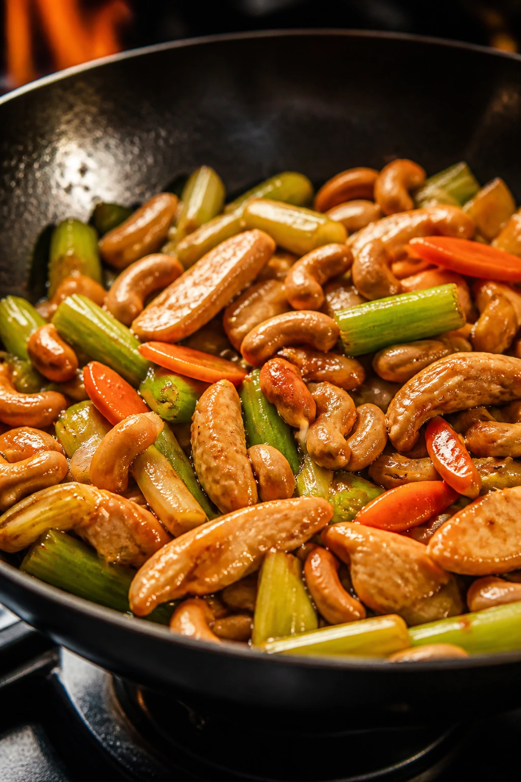 Close-up of cashew chicken with celery, carrot and cashews