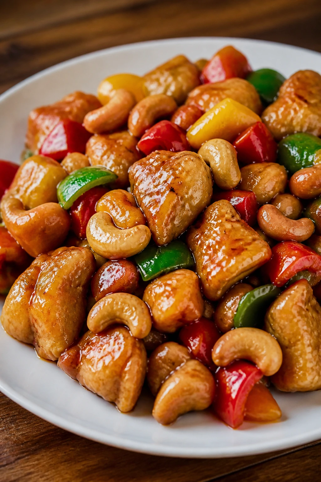 Close-up of cashew chicken on a plate with cashews and peppers