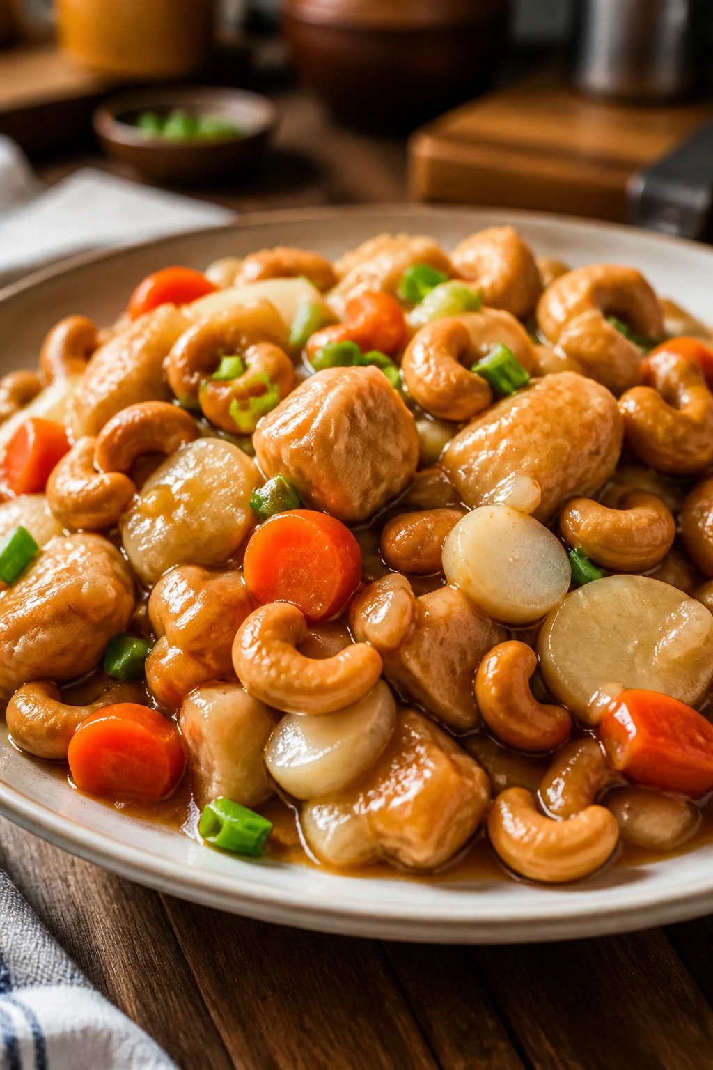 Cashew chicken with water chestnuts on plate with cashews