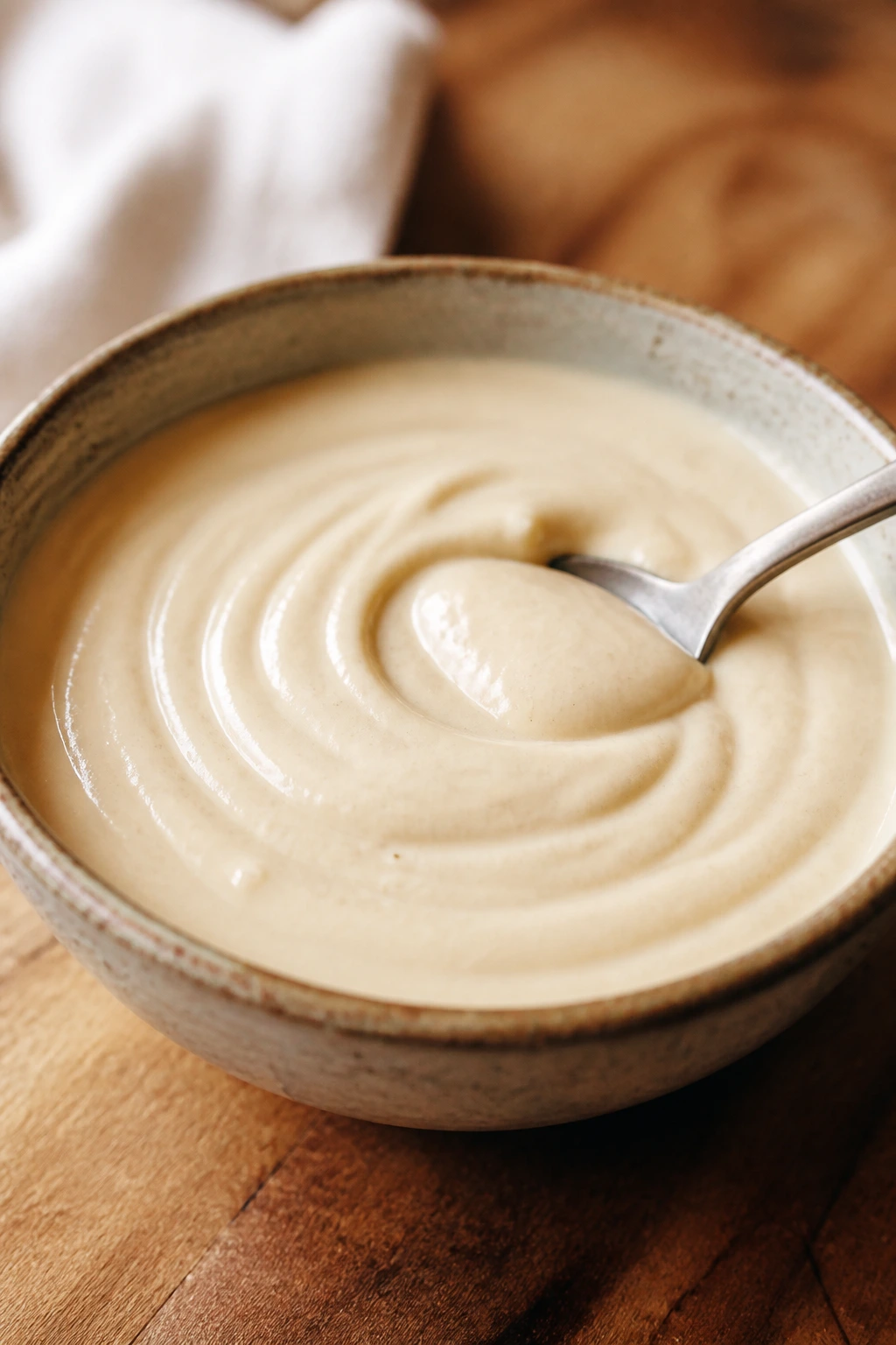 Creamy cashew sauce in a bowl with a gentle swirl
