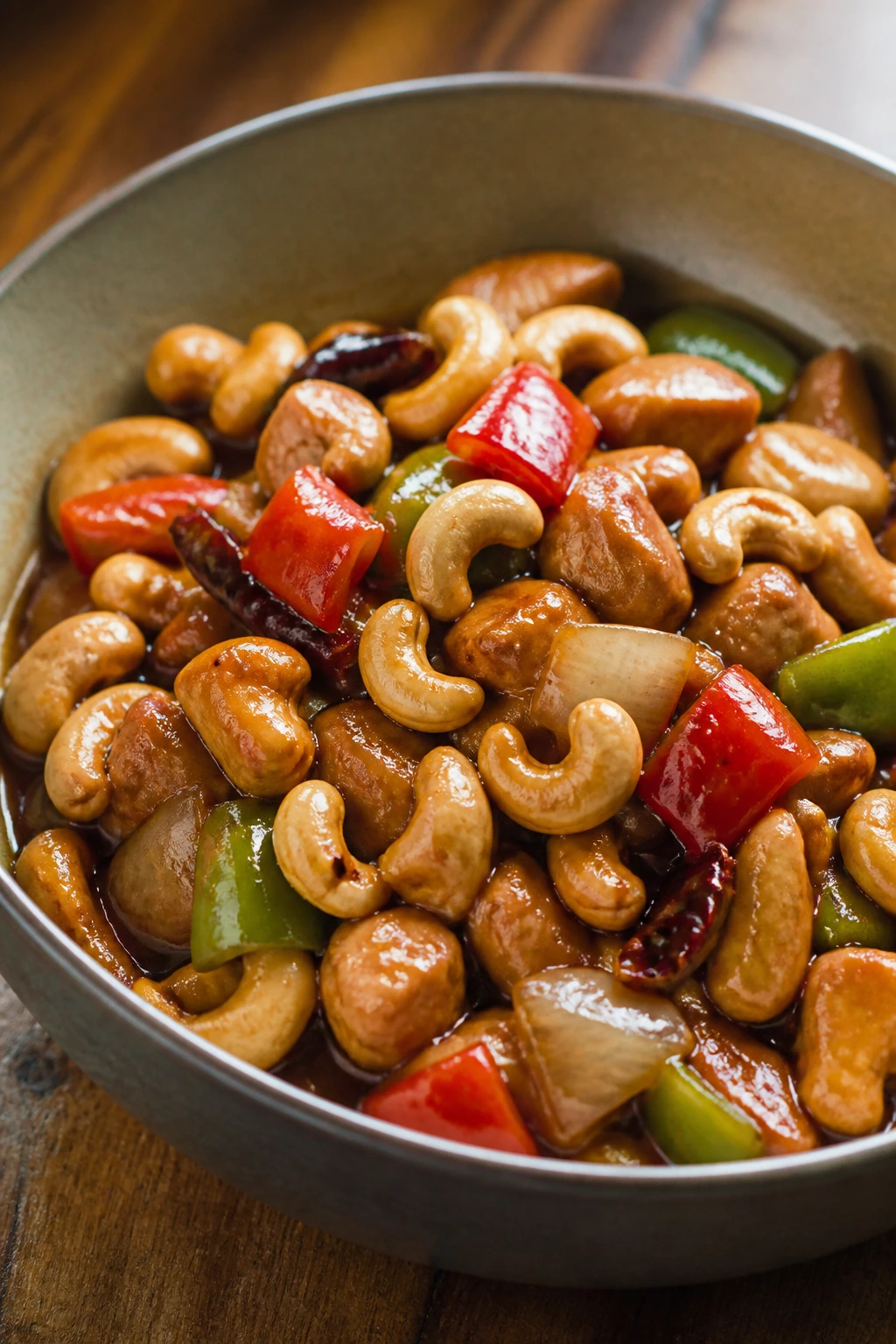 Kung Pao chicken with cashews and peppers in a deep bowl