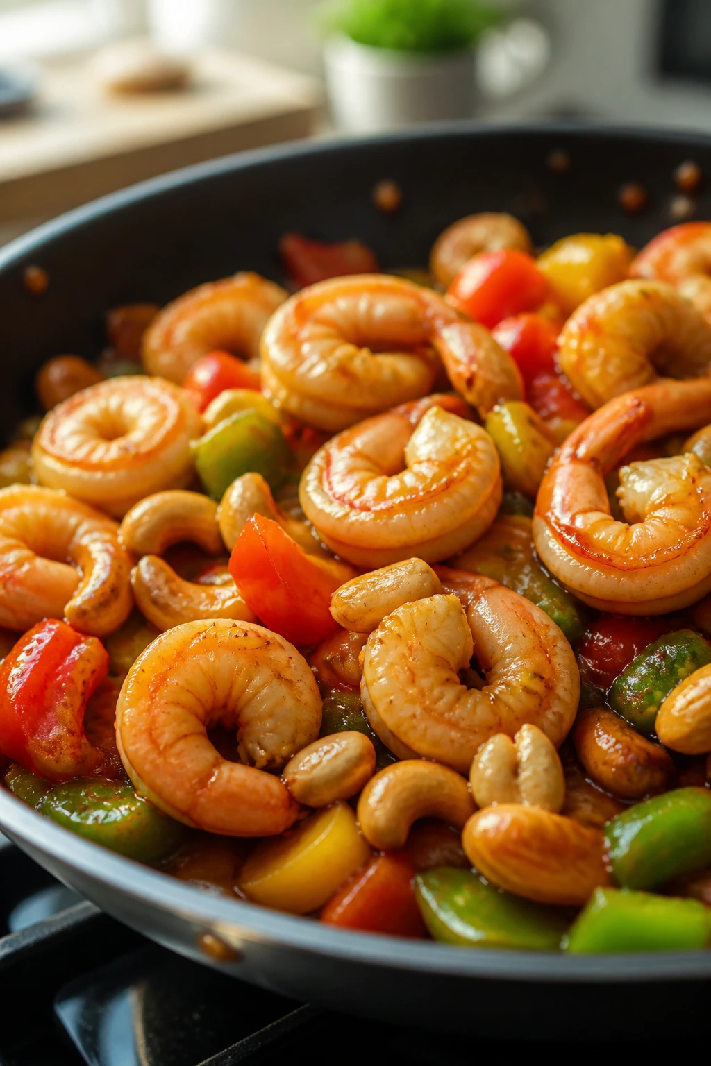 Close-up of cashew shrimp with peppers in glossy stir-fry sauce