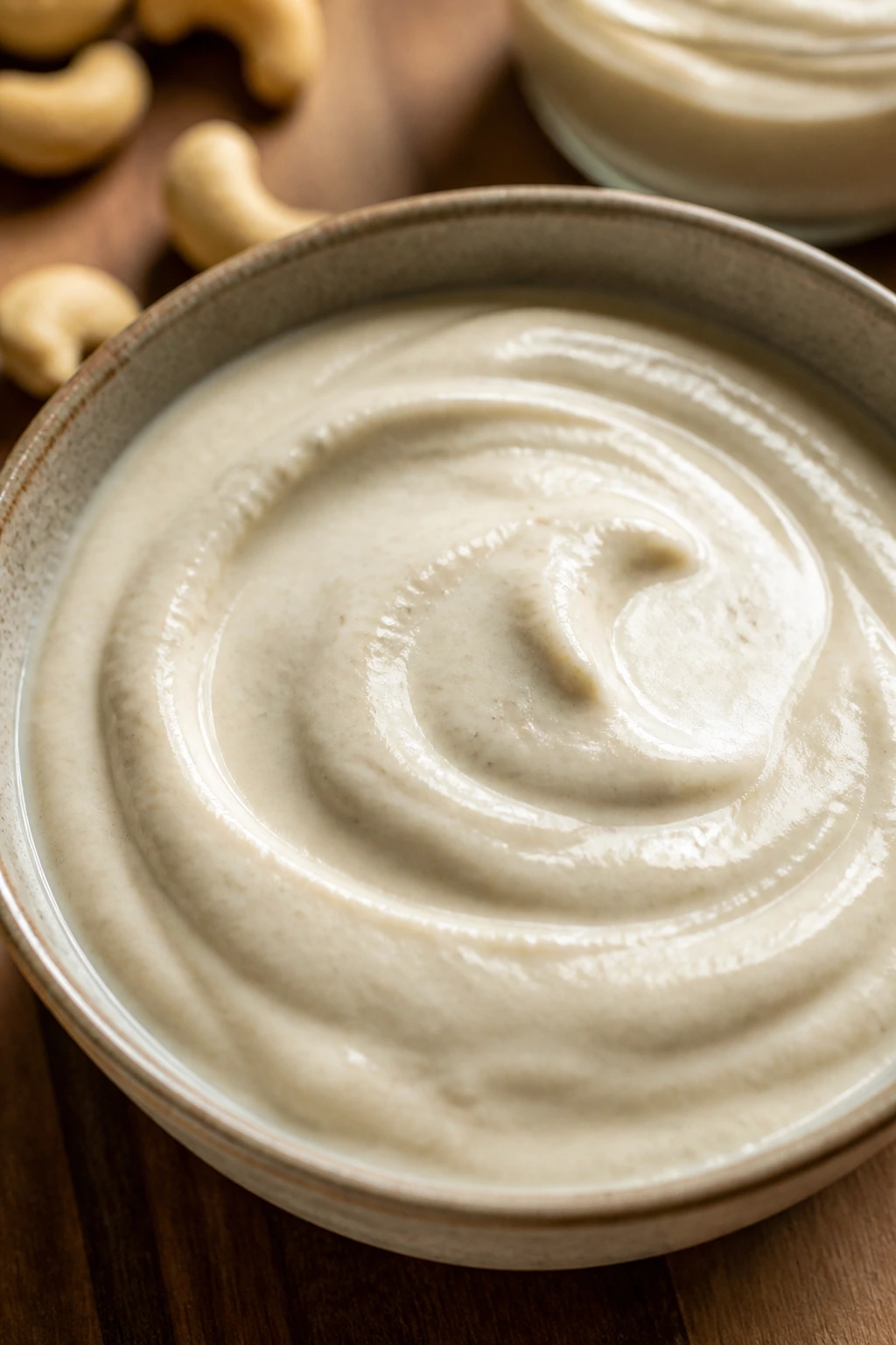 Close-up of pale creamy cashew-tahini sauce in a bowl.