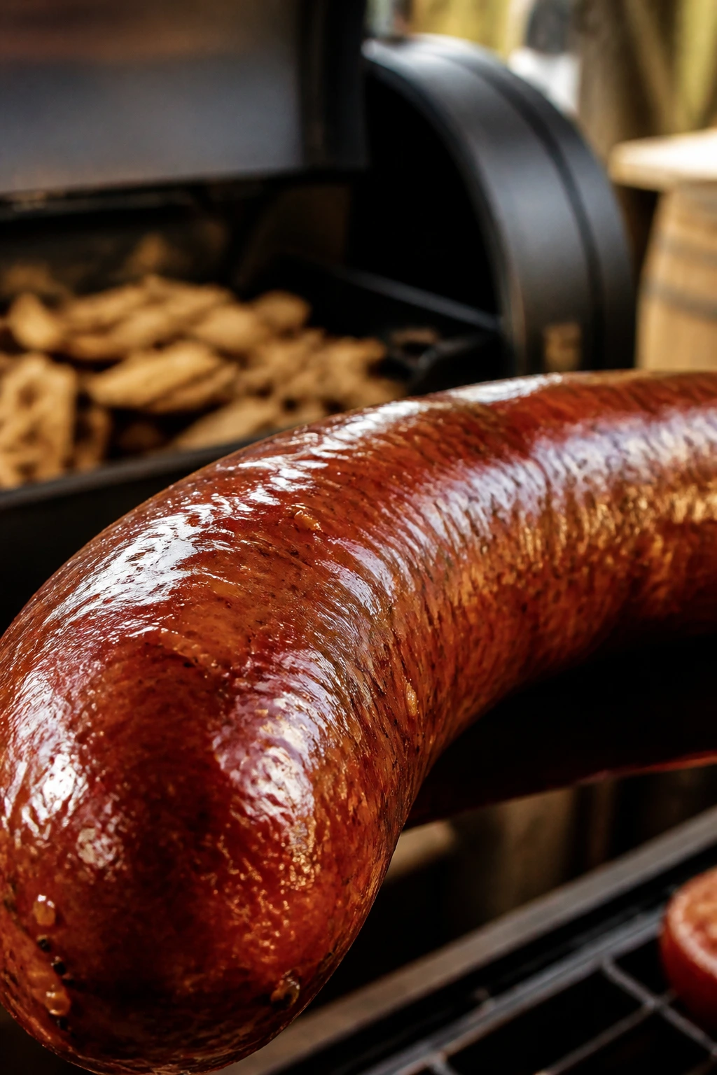 Close-up of a natural sausage casing with a plump link on a smoker backdrop.