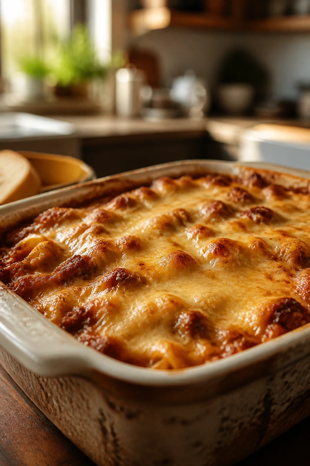 Close-up of bubbling casserole in a ceramic dish on a warm kitchen counter