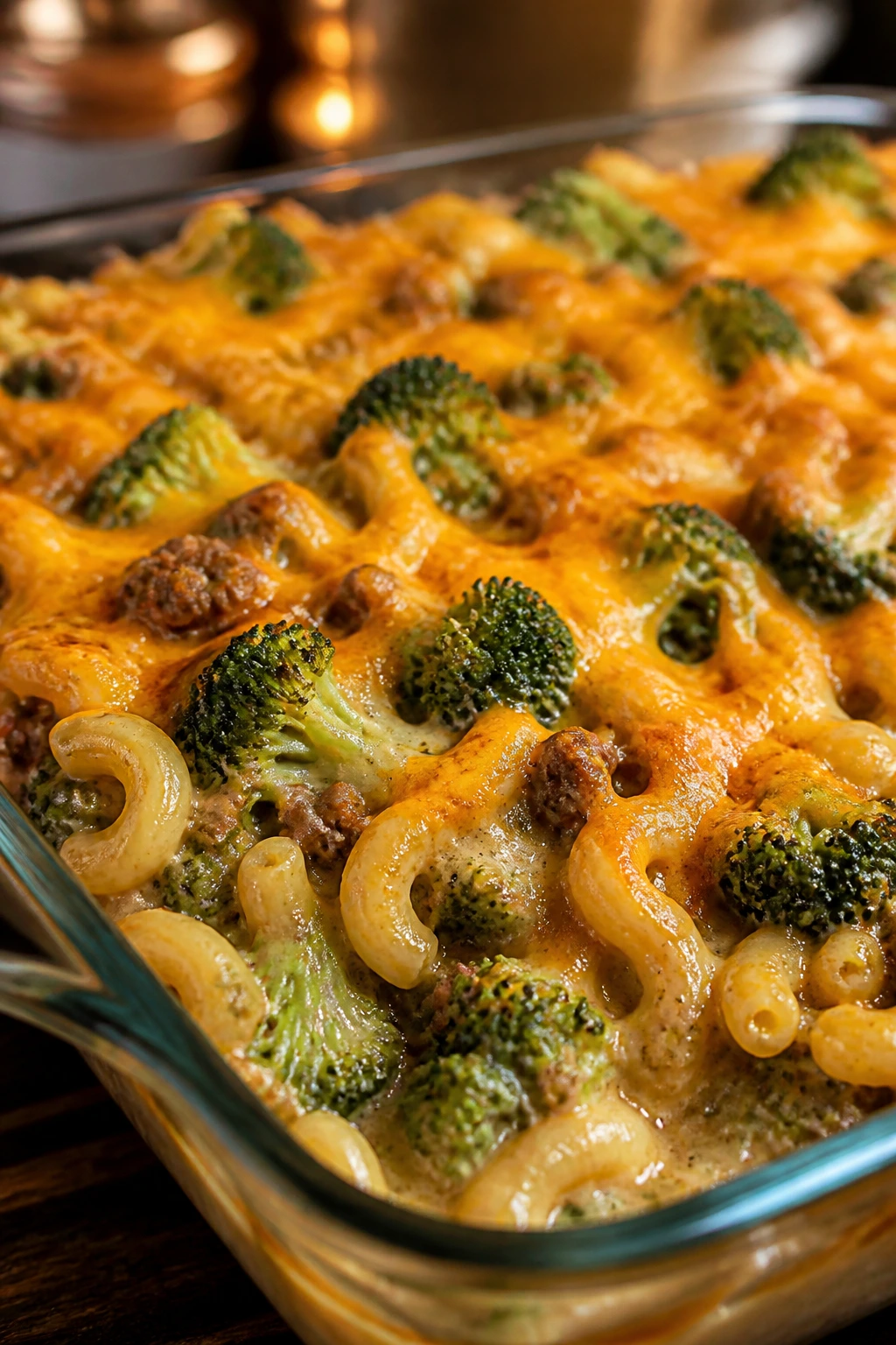 Close-up of cheeseburger broccoli casserole with melted cheddar and broccoli in a dish