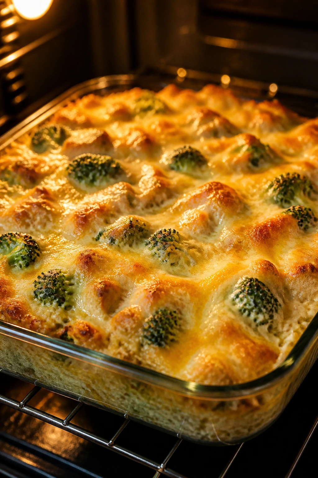 Close-up of bubbling broccoli and rice casserole fresh from the oven