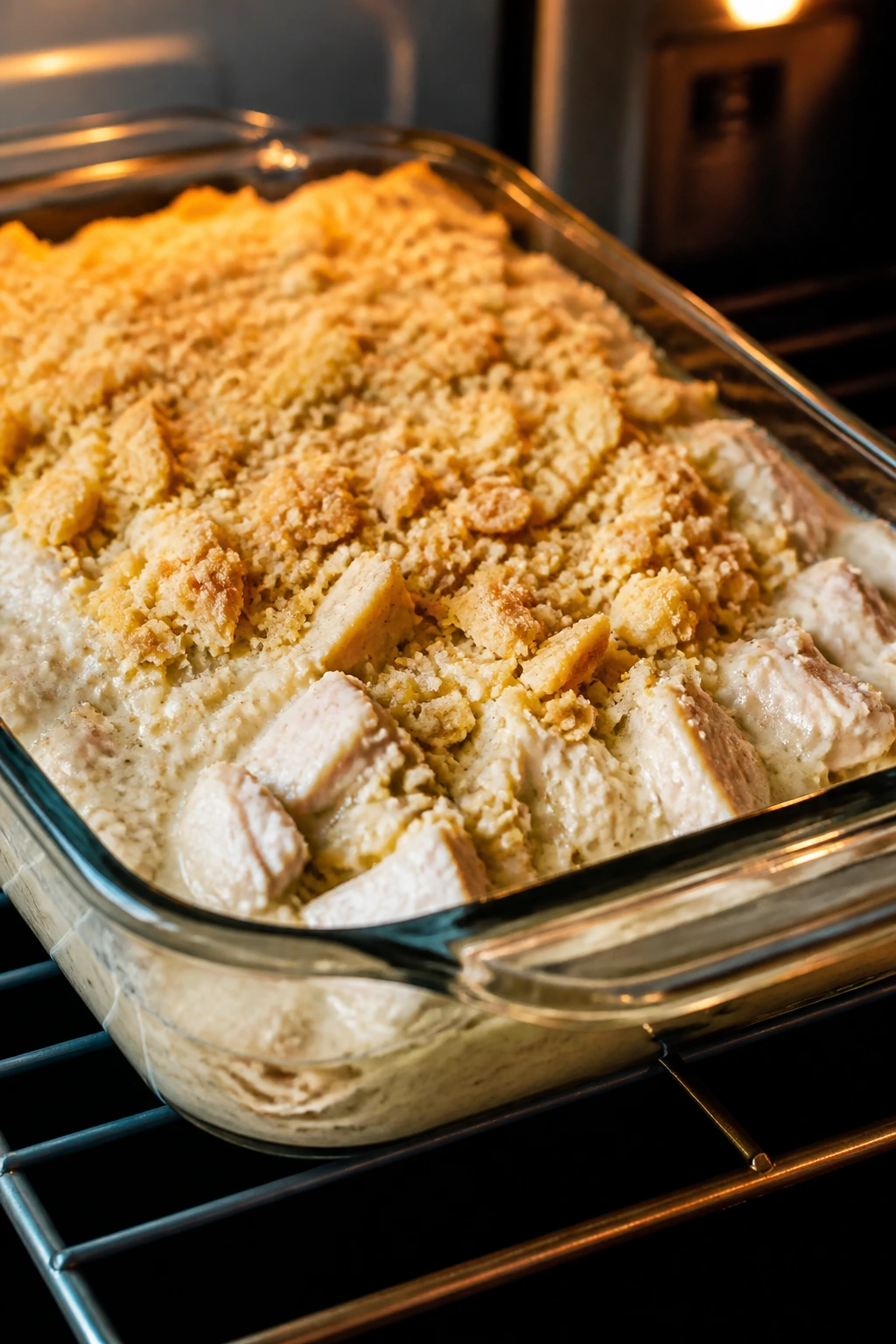 Casserole in baking dish ready to bake with sauce visible