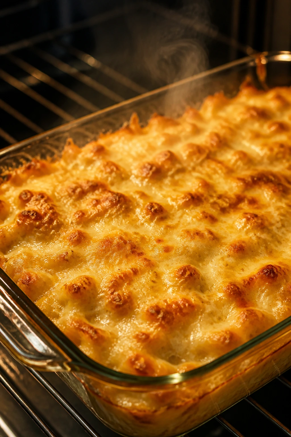 Close-up of bubbling cheesy casserole in a 9x13 dish on a warm kitchen counter.