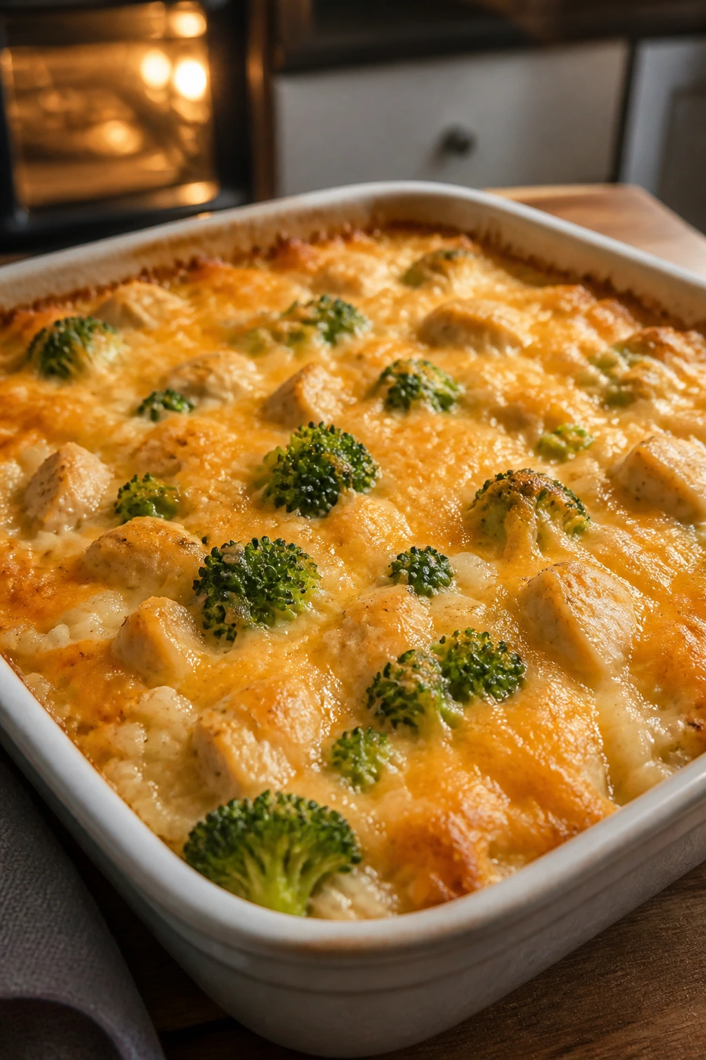 Creamy chicken broccoli rice casserole bubbling in baking dish.