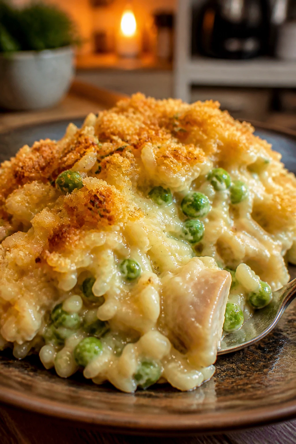 Casserole with peas variation on a rustic plate