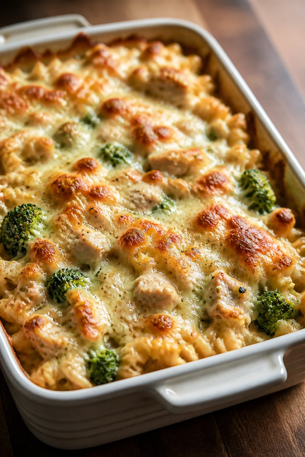 Baked casserole in a baking dish on a wooden kitchen counter