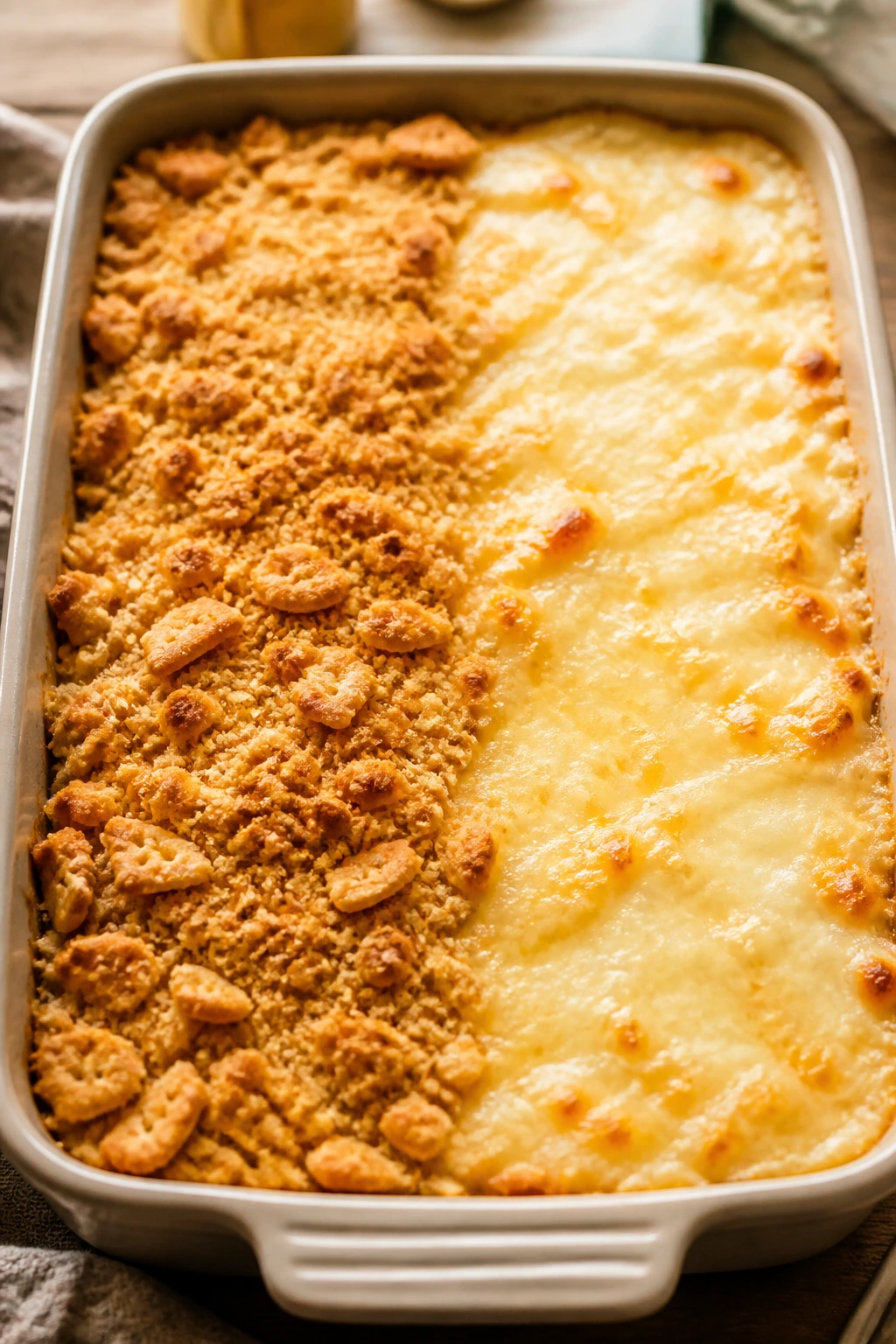 Casserole with half cracker crumb topping and half creamy cheese topping