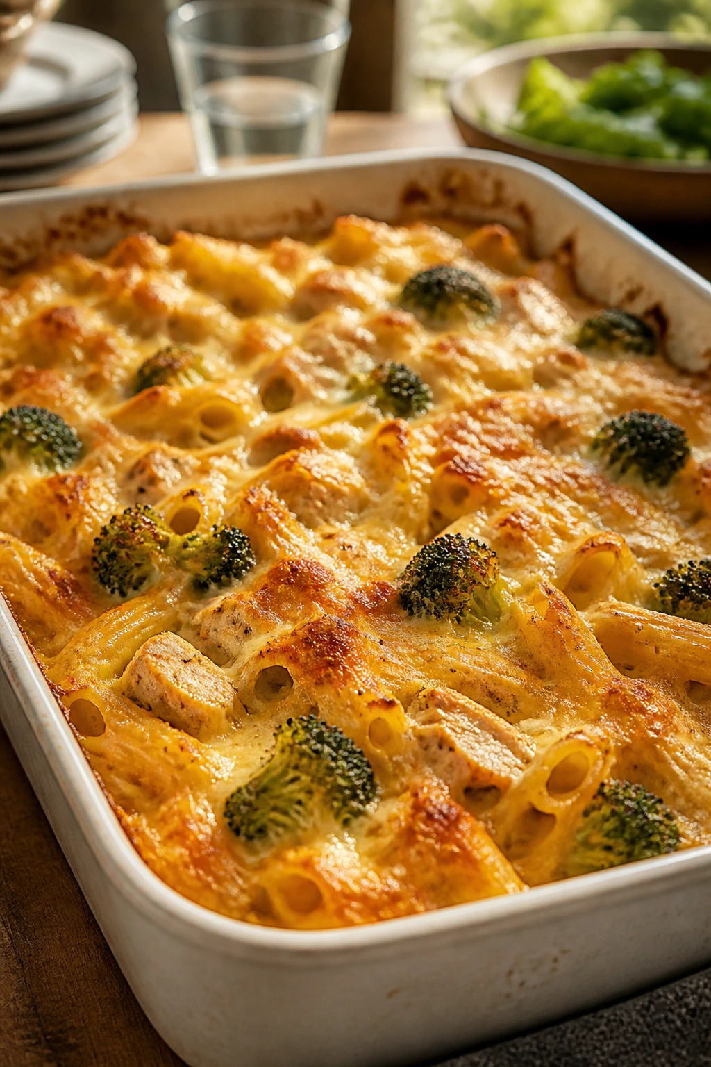 Close-up of bubbling cheesy casserole in a baking dish on a warm kitchen table