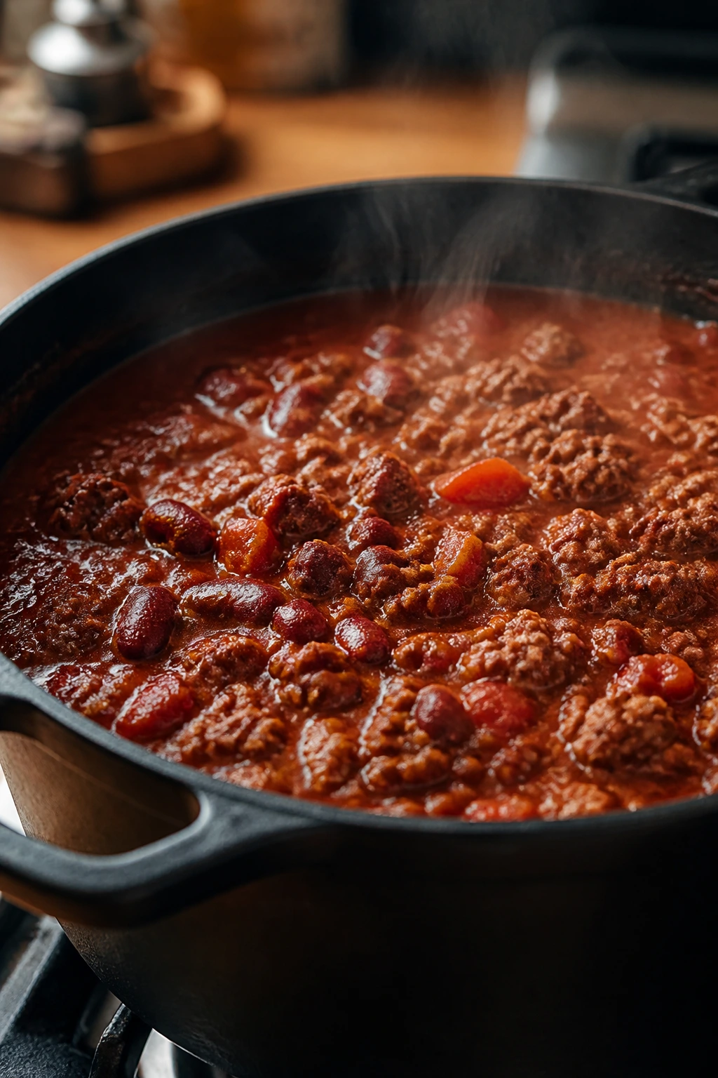 Thick chili in a cast-iron pot on a stove