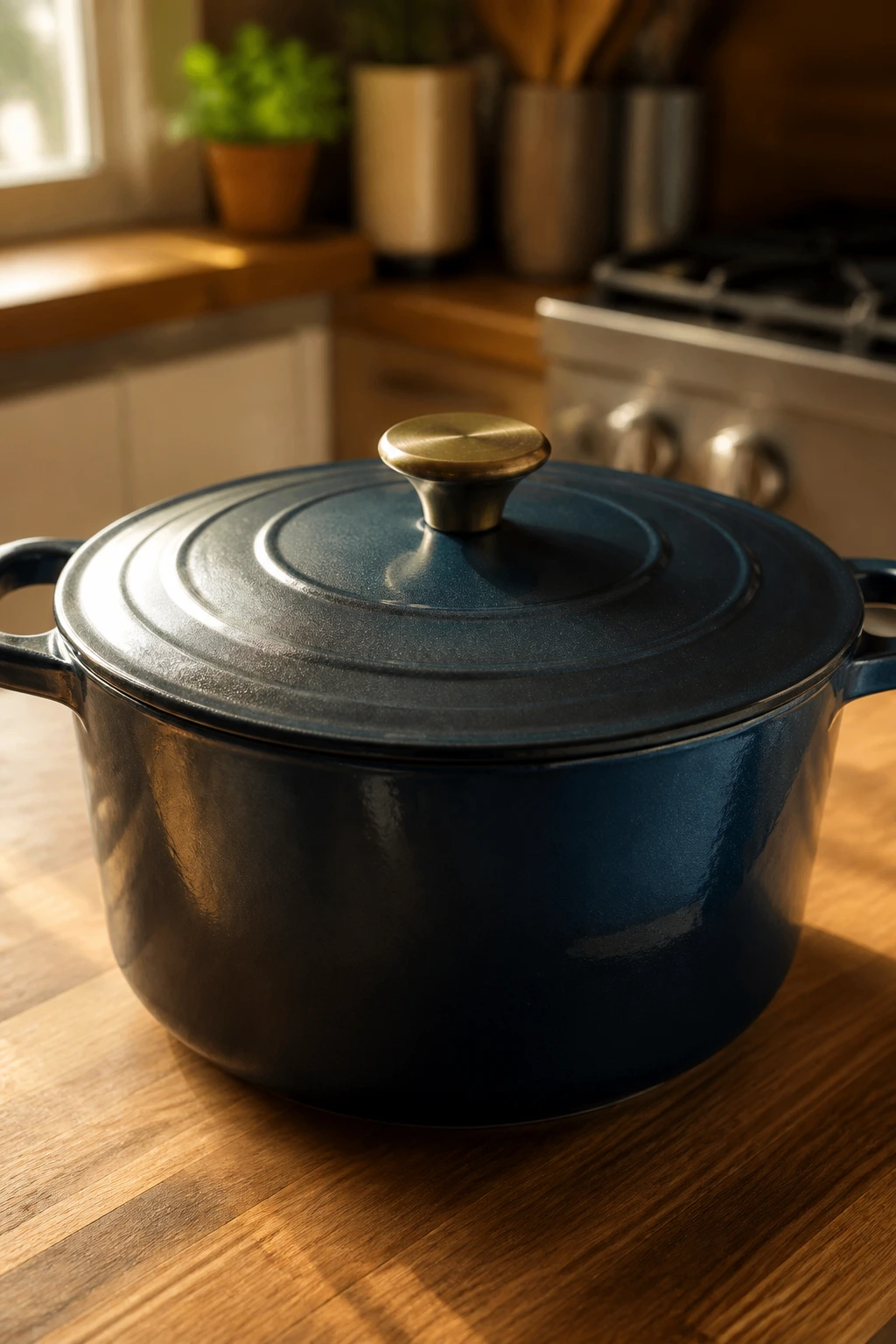 Close-up of a large cast-iron Dutch oven in a warm kitchen setting